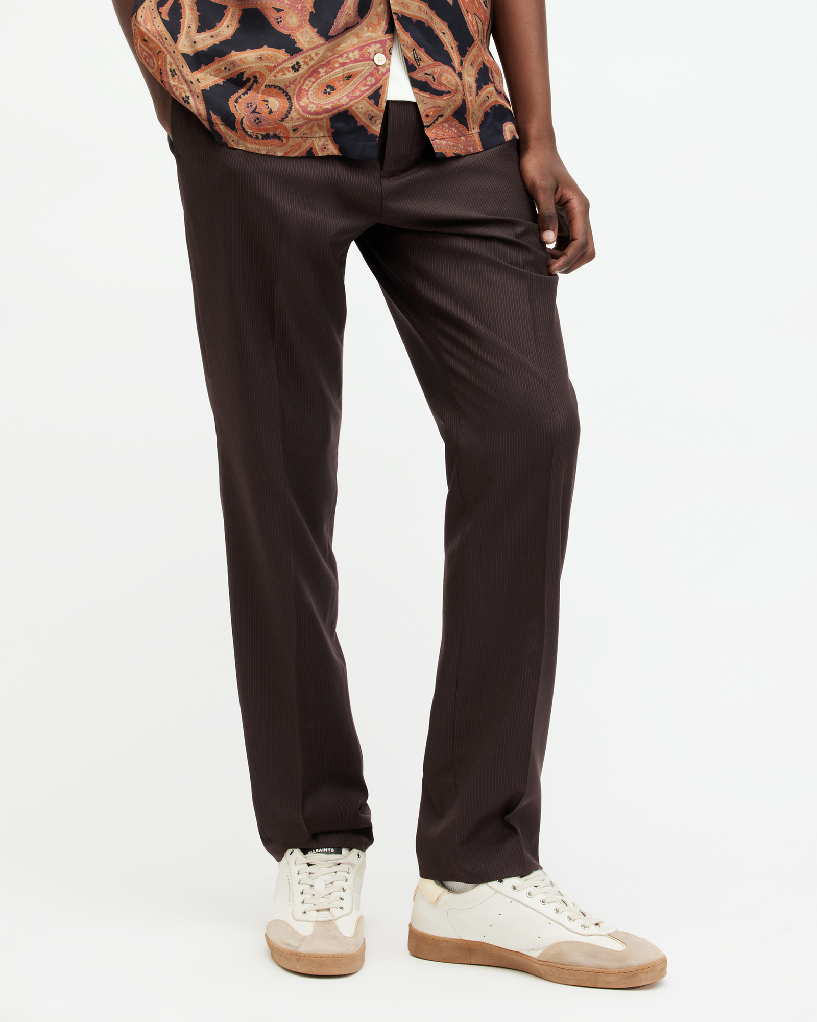 Allsaints Thorpe Pinstriped Straight Fit Trousers In Tan Brown