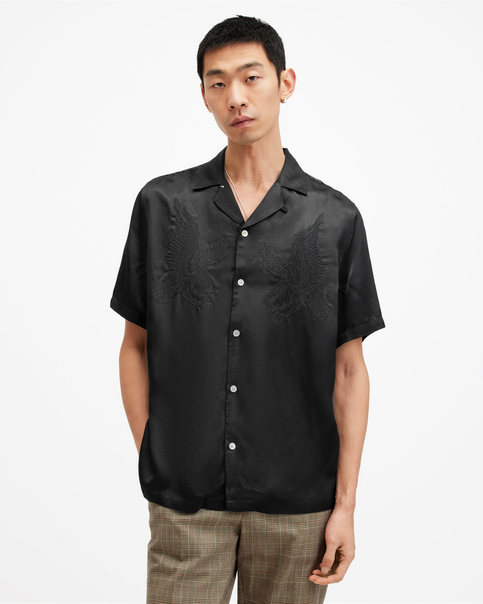 AllSaints Aquila Embroidered Relaxed Fit Shirt,, Jet Black