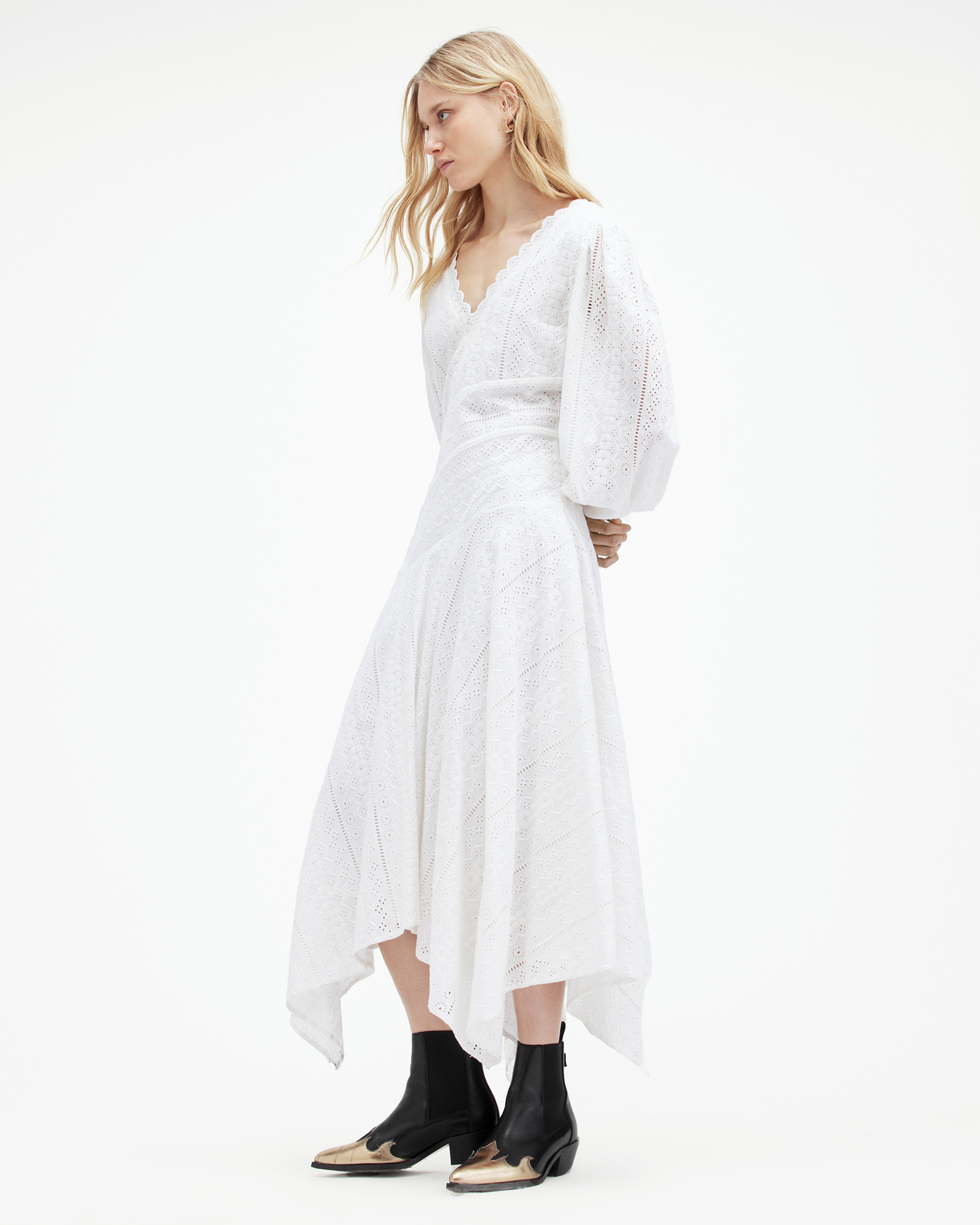 AllSaints Aviana V-Neck Broderie Maxi Dress,, Off White, Size: UK