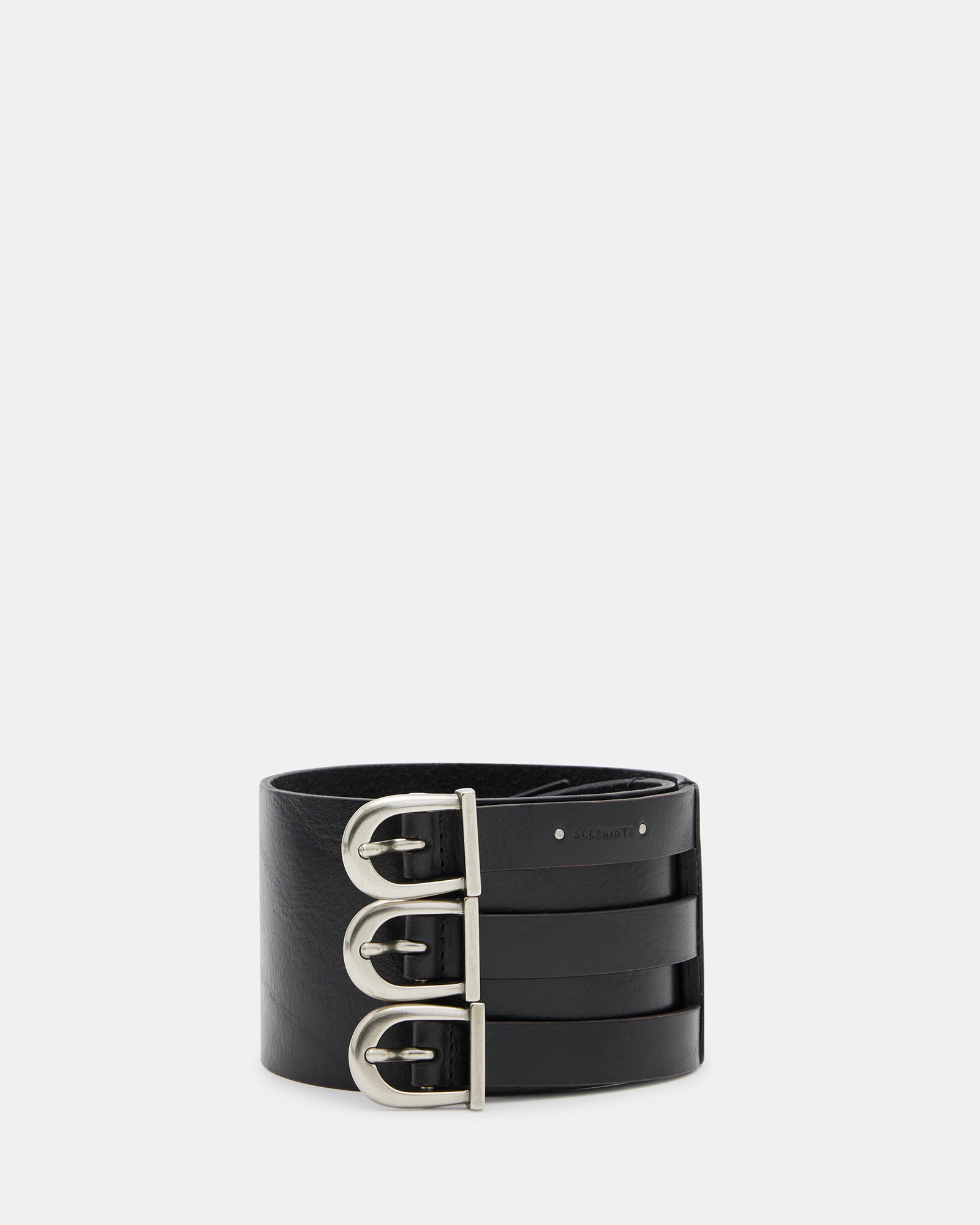 Allsaints Briony Wide Leather Waist Belt In Black/antq Nickel