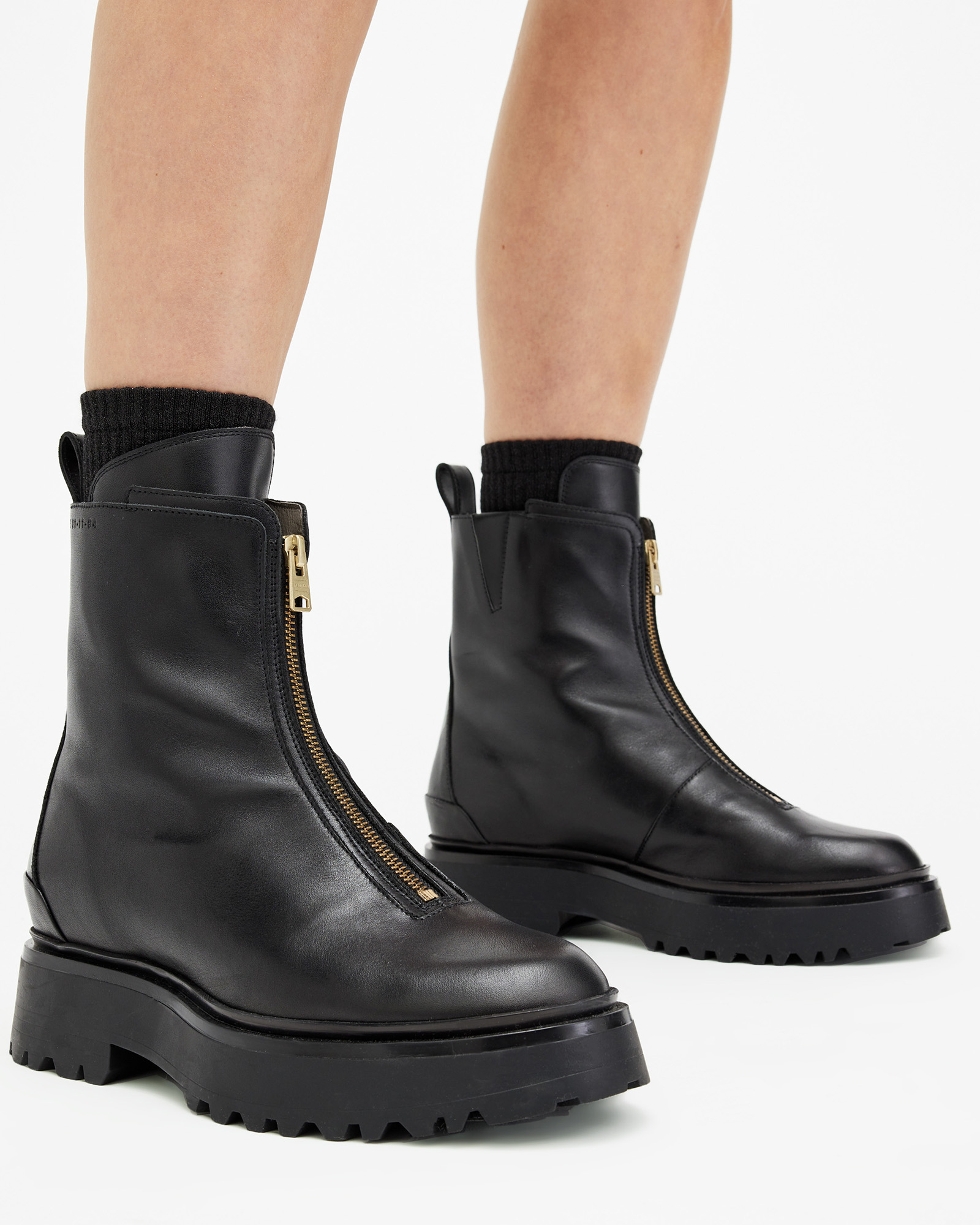 Allsaints Amber Leather Chunky Tall Chelsea Boots In Black