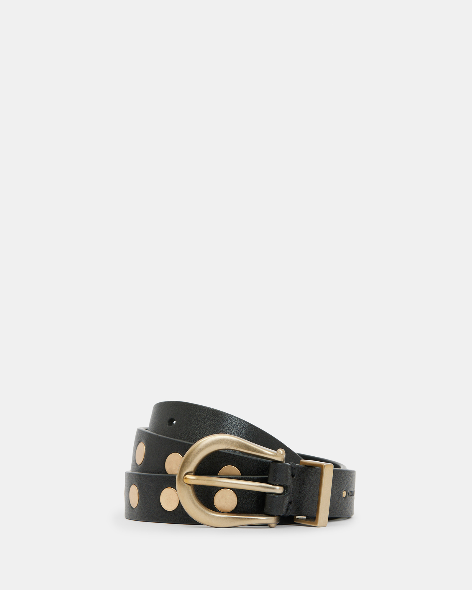 Allsaints Michaela Studded Leather Belt In Black/warm Brass