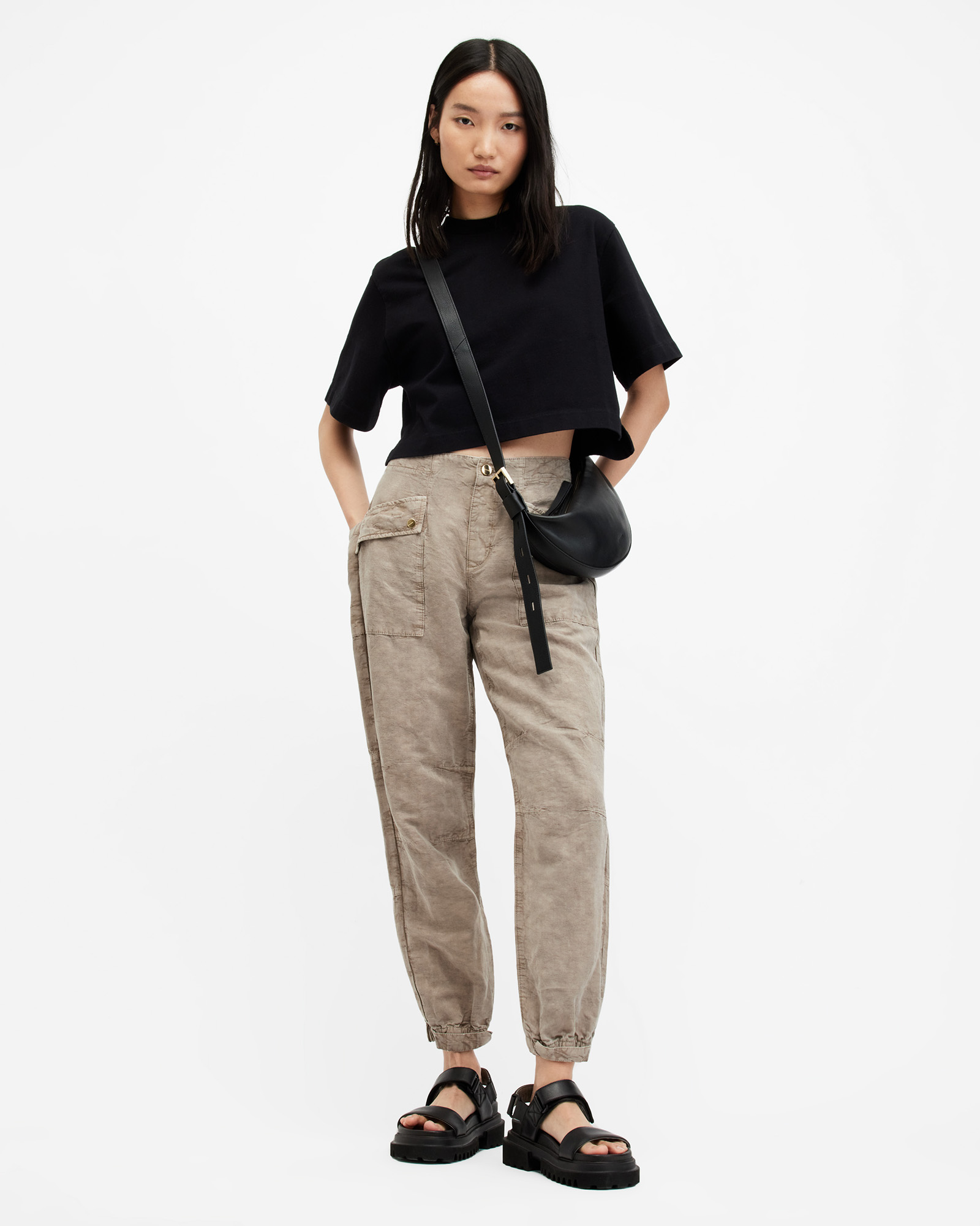 Allsaints Val Linen Blend Cargo Trousers In Taupe Brown