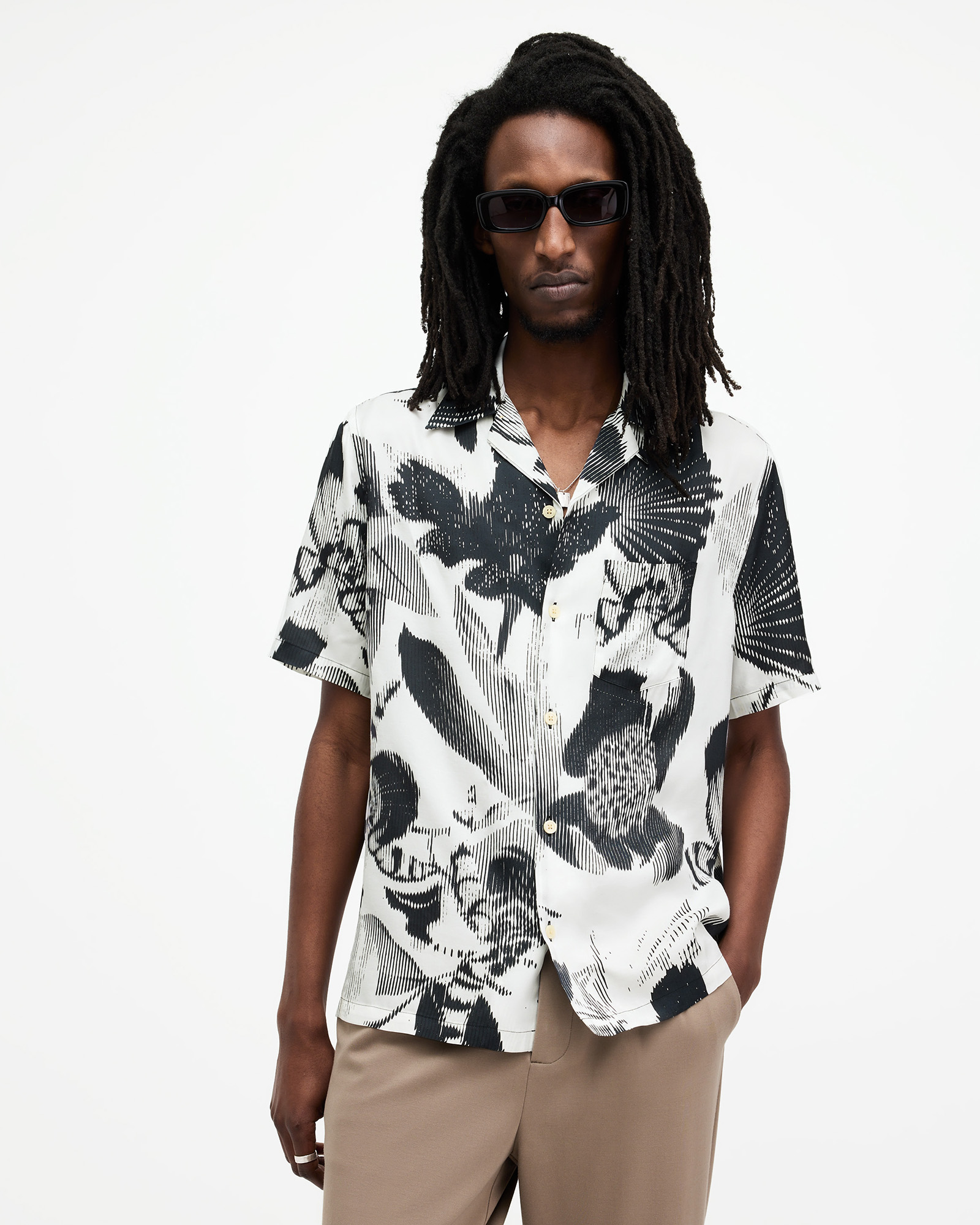 AllSaints Frequency Printed Relaxed Fit Shirt,, Off White