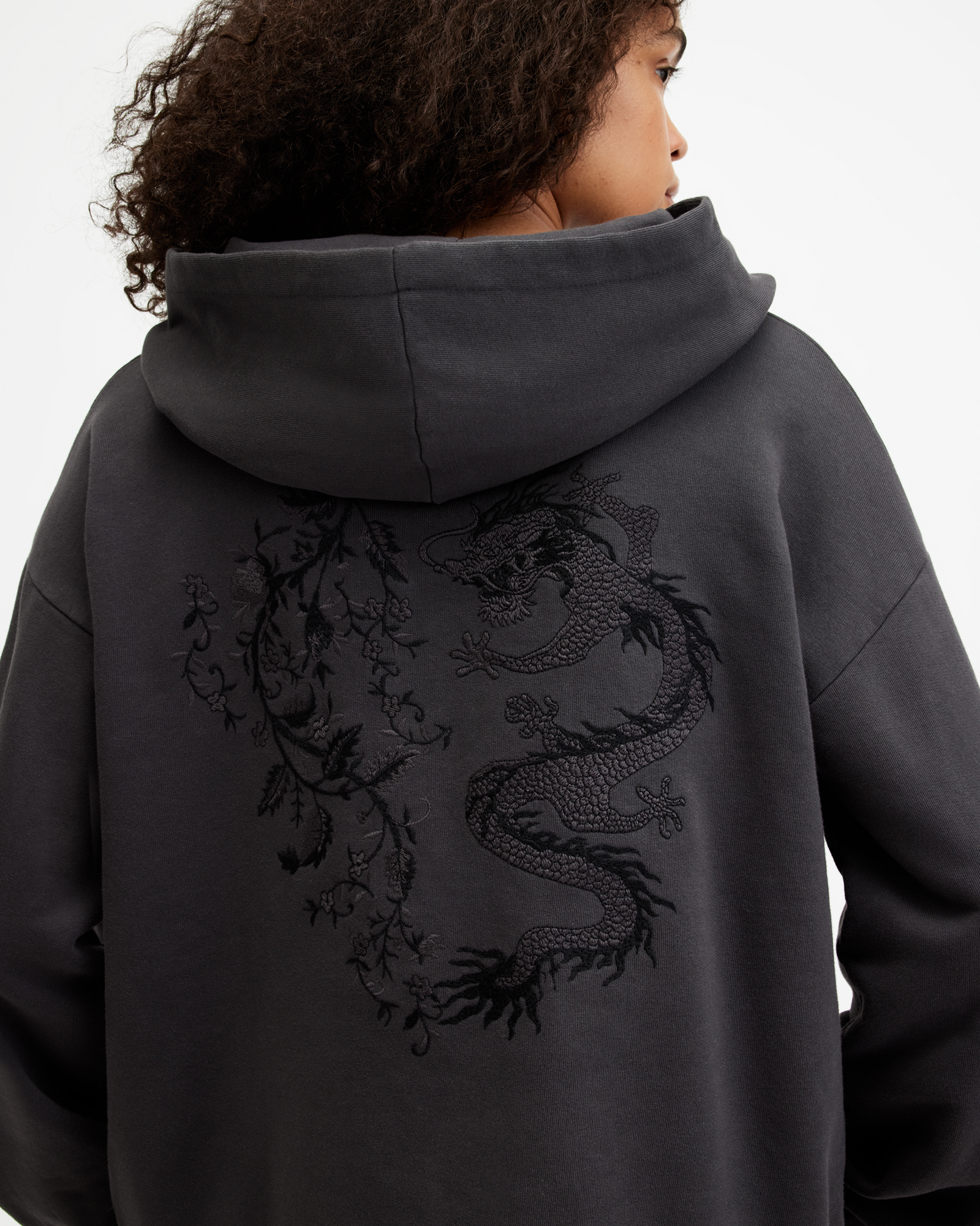 AllSaints Auru Rihan Dragon Embroidered Hoodie,, Washed Black