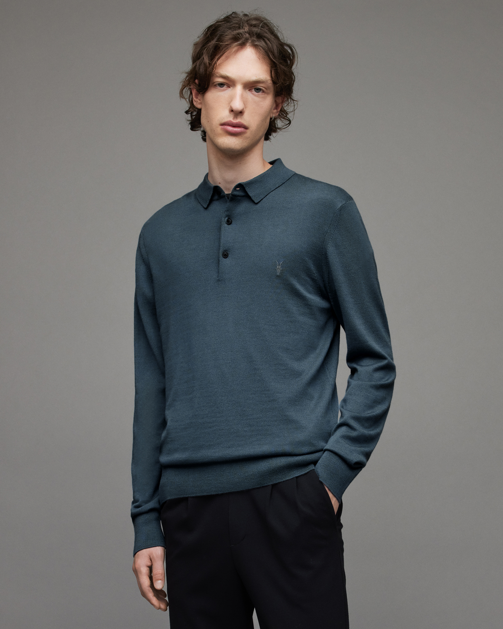 AllSaints Mode Merino Long Sleeve Polo Shirt