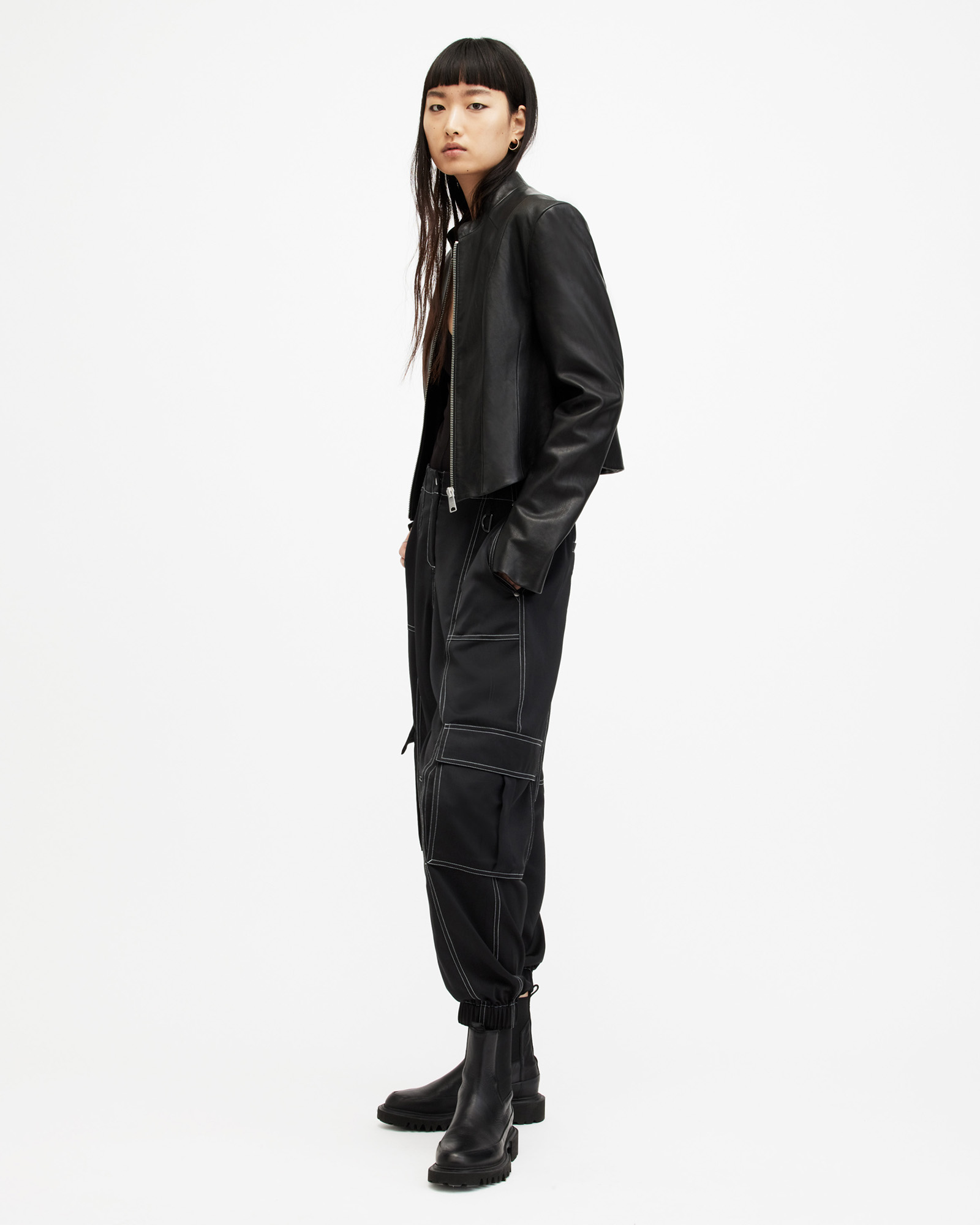 AllSaints Fran High Rise Tapered Cargo Trousers,, Black