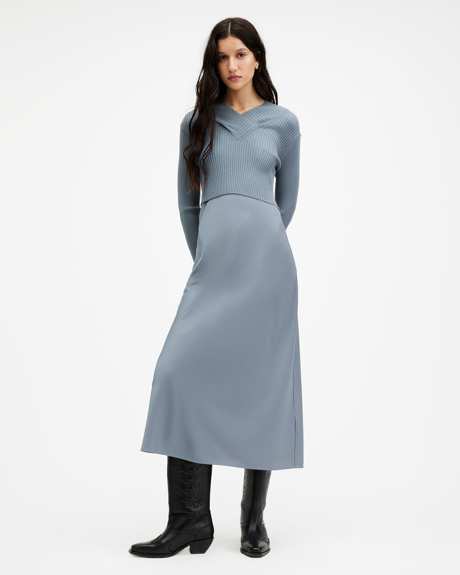 AllSaints Hana 2-In1 Slim Fit Midi Slip Dress,, DARK DENIM BLUE, Size: