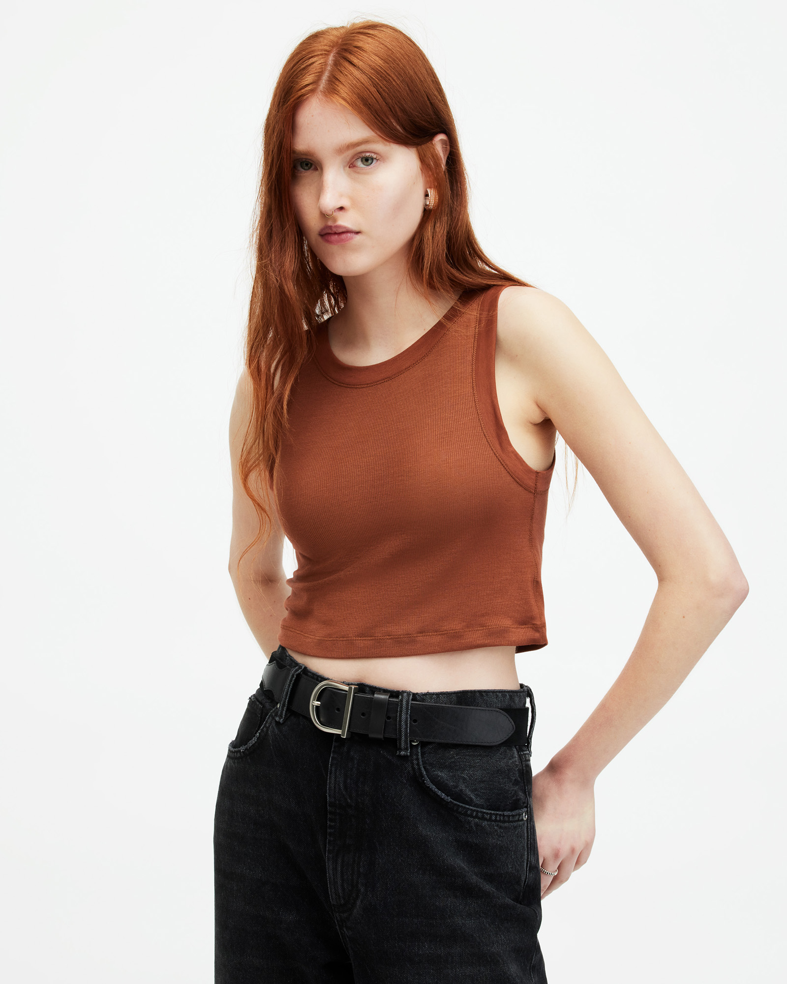 Allsaints Rina Sleeveless Cropped Tank Top In Brunette Brown