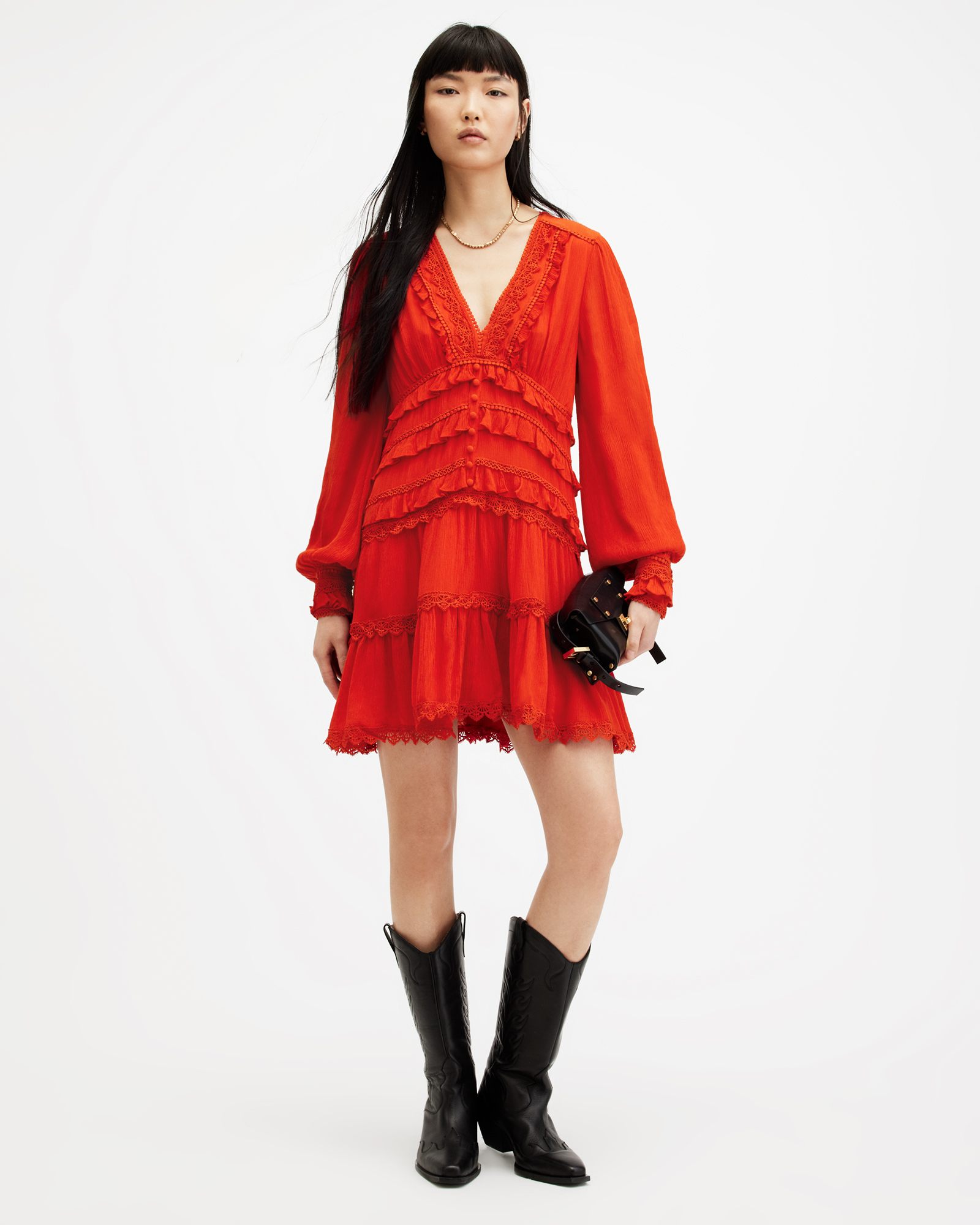 AllSaints Zora Ruffle V-Neck Mini Dress,, Red