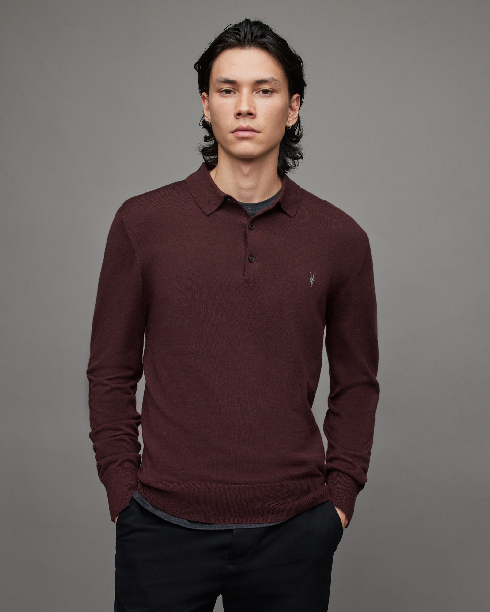 AllSaints Mode Merino Long Sleeve Polo Shirt