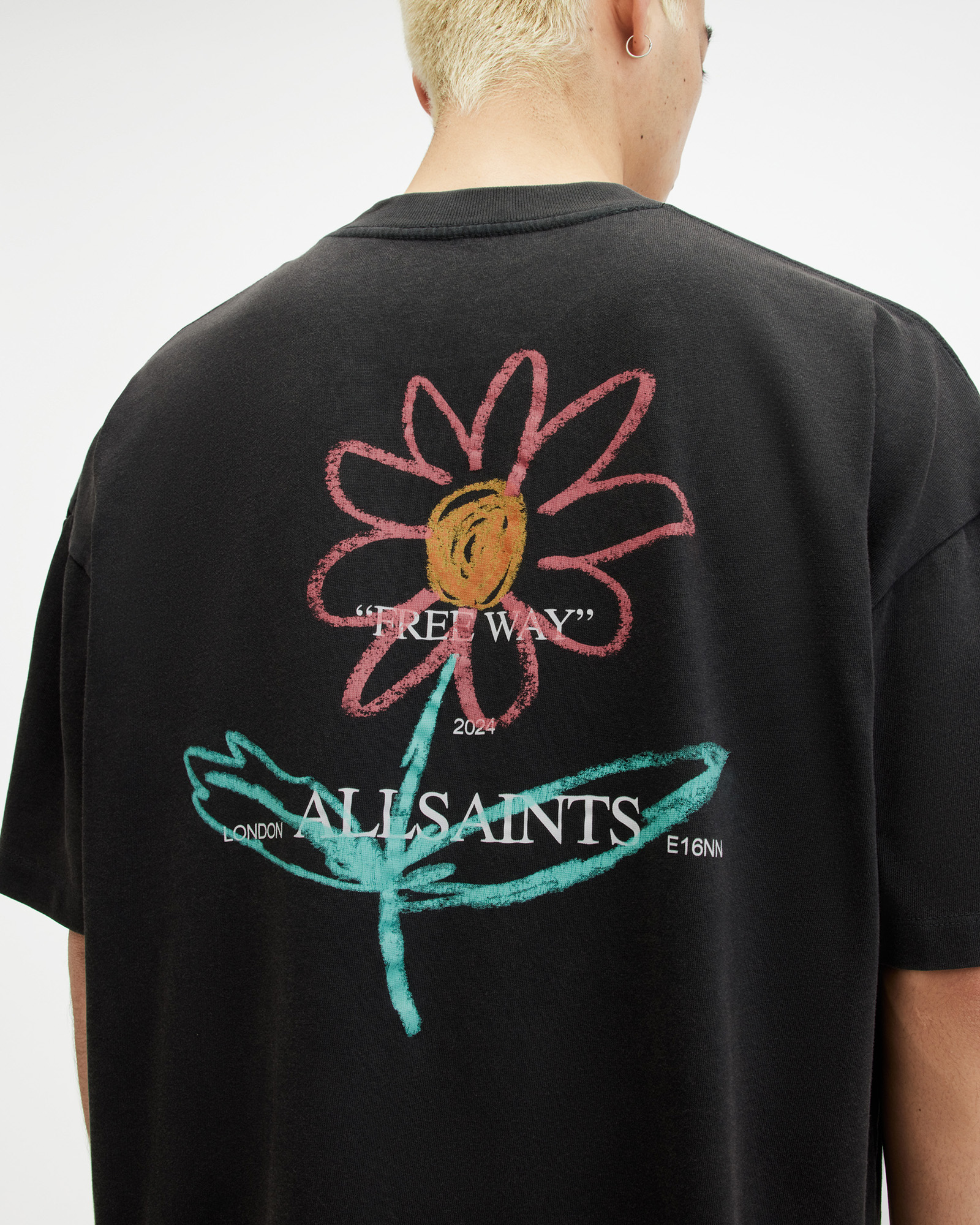 AllSaints Crayo Graphic Oversized Crew T-Shirt,, Washed Black