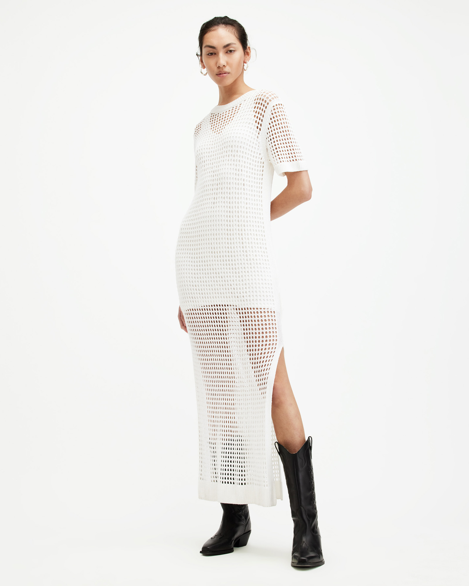 AllSaints Paloma Open Stitch Maxi Dress,, Chalk White, Size:
