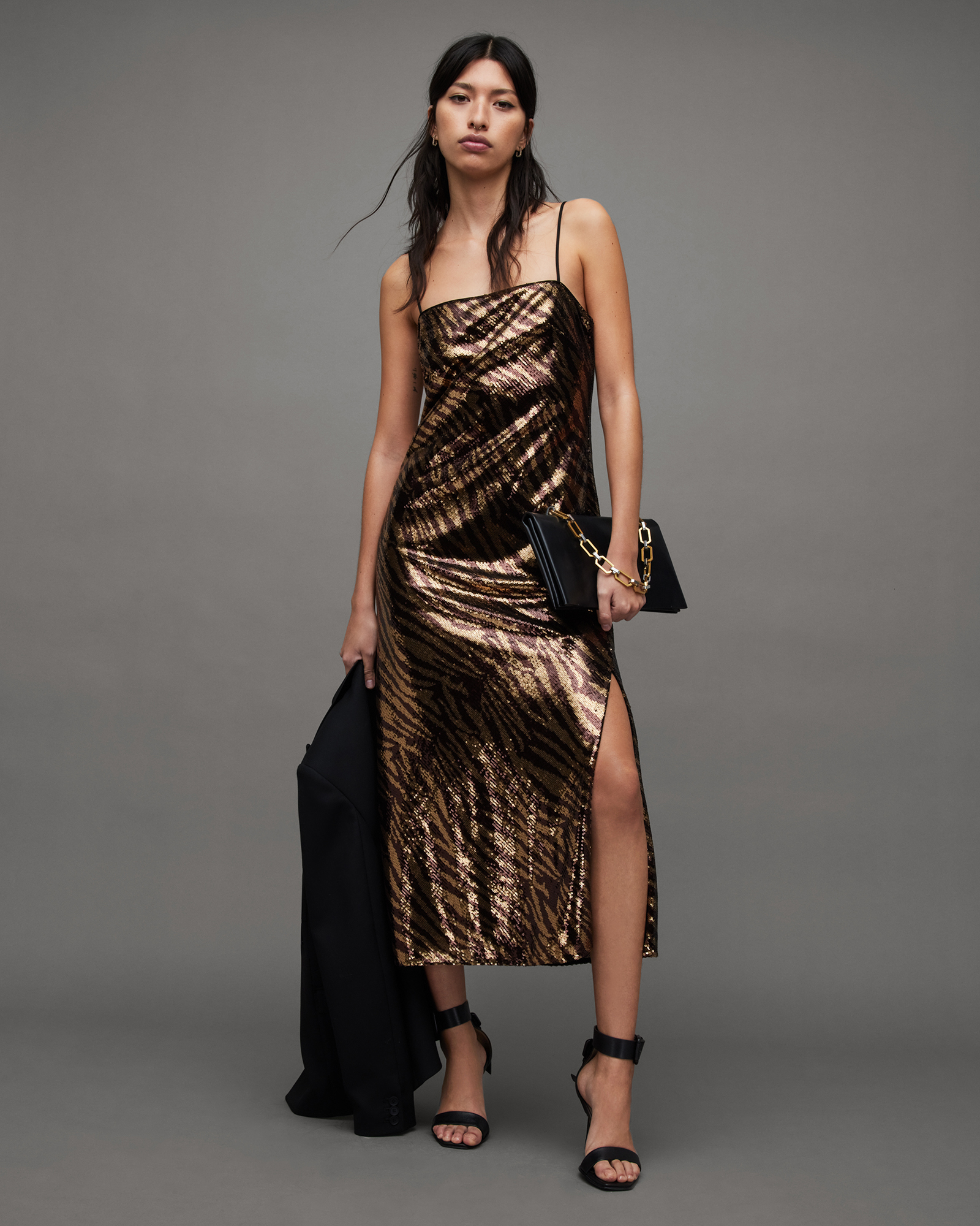AllSaints Bonnie Sequin Tiger Stripe Slip Dress