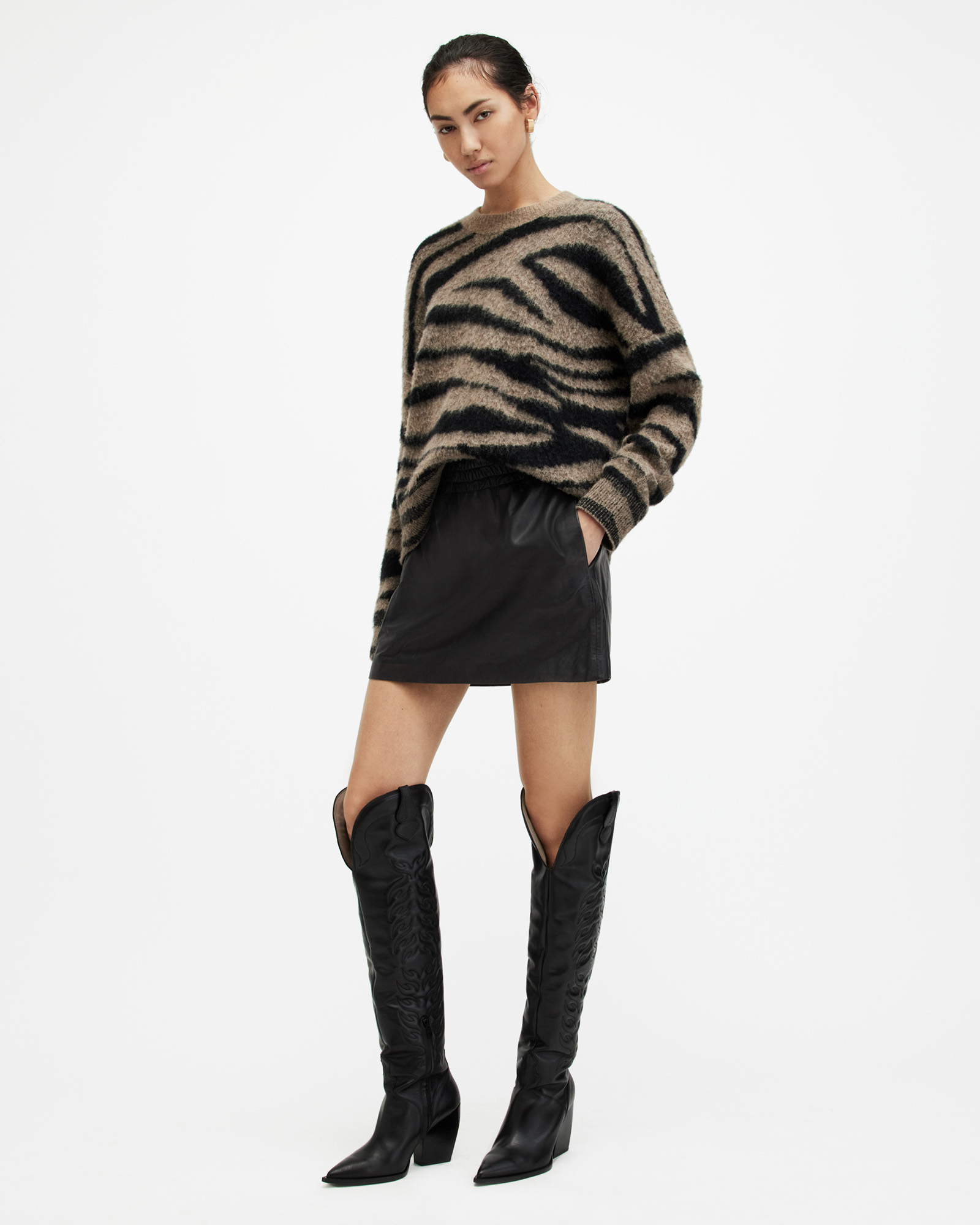 AllSaints Shana Drawcord Leather Mini Skirt,, Black