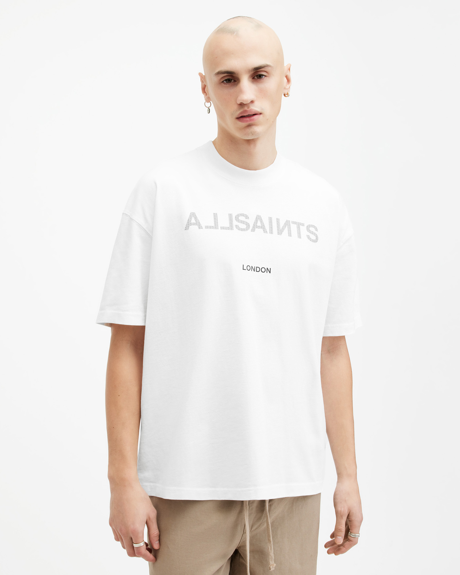 AllSaints Cutout Oversized Logo Crew Neck T-Shirt,, Optic White