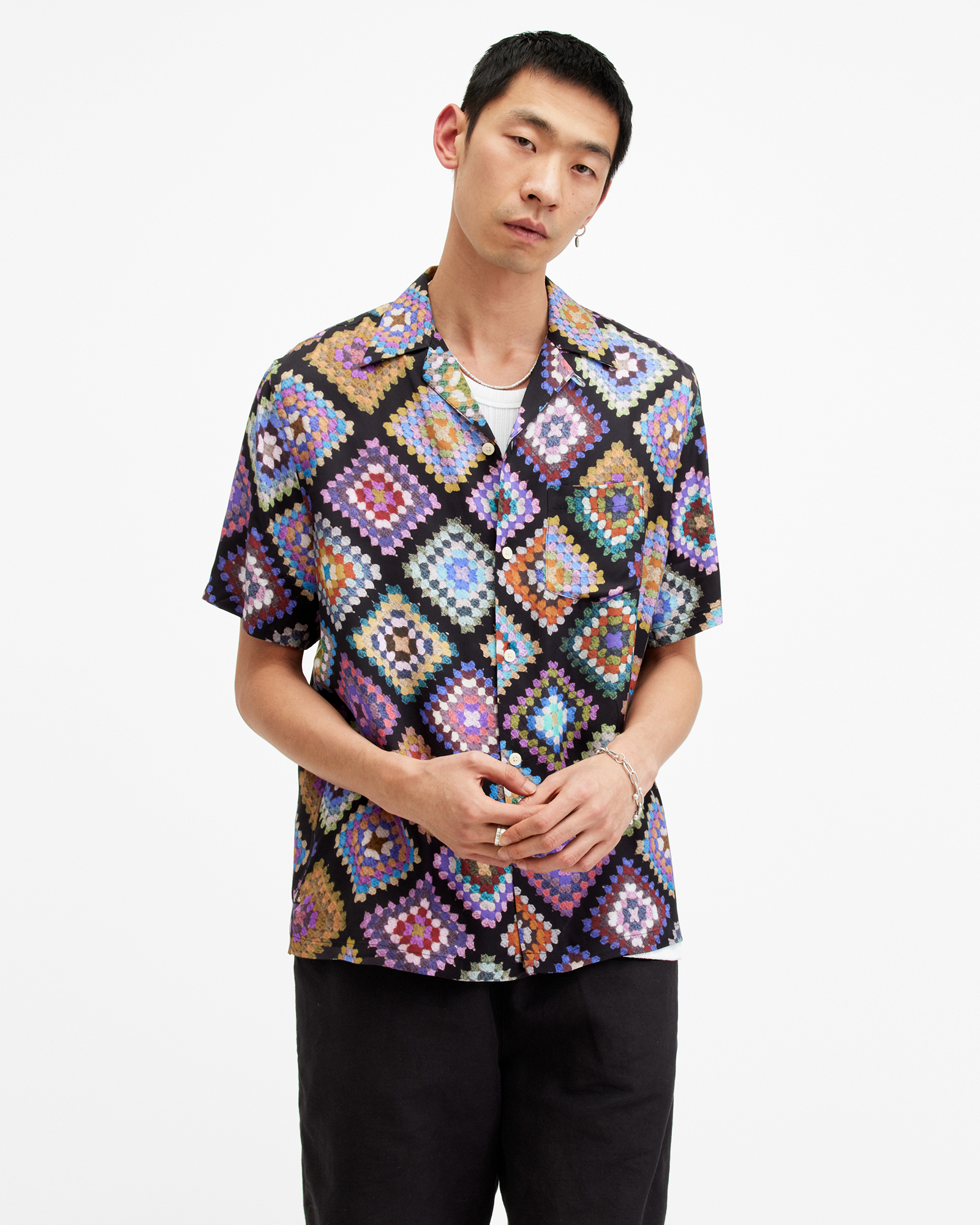 Shop Allsaints Tunar Crochet Printed Relaxed Fit Shirt In Jet Black