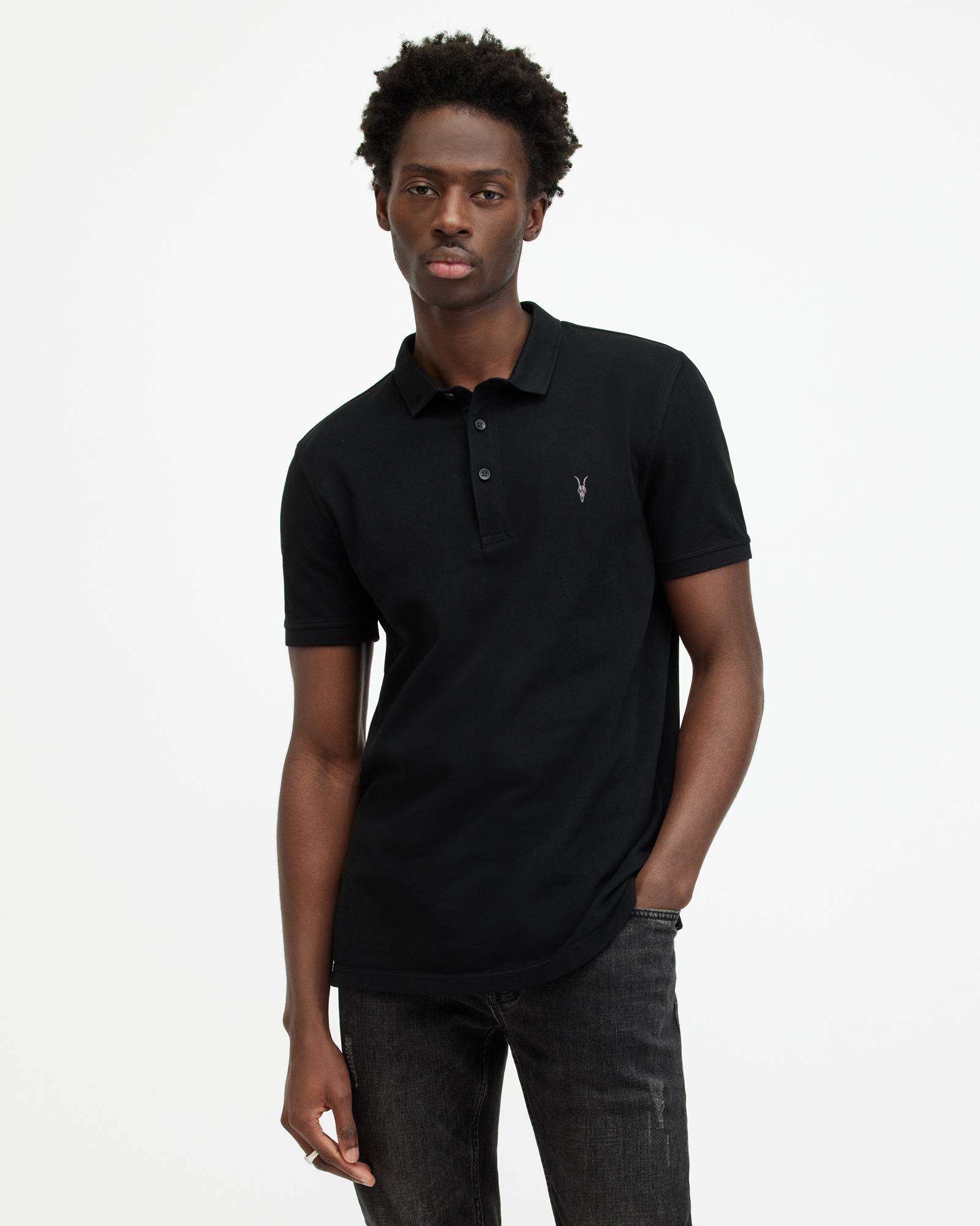 AllSaints Size: S Men's Slim Fit Reform Short Sleeve Three-Button Polo Shirt, Black
