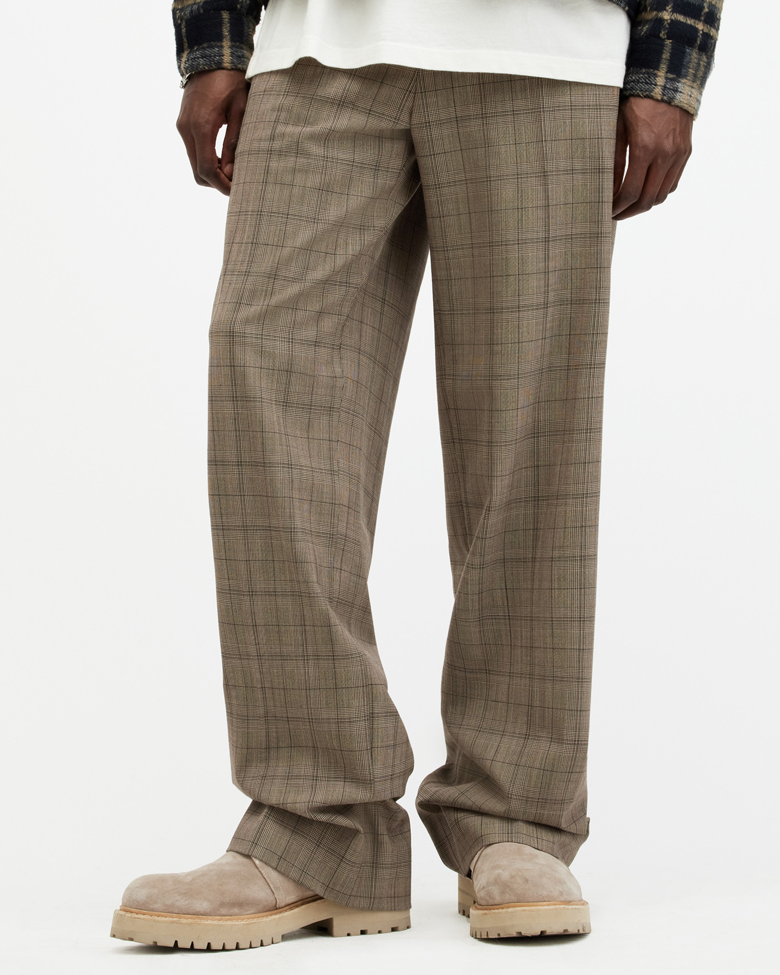 AllSaints Hobart Checked Straight Fit Trousers,, STONE WHITE