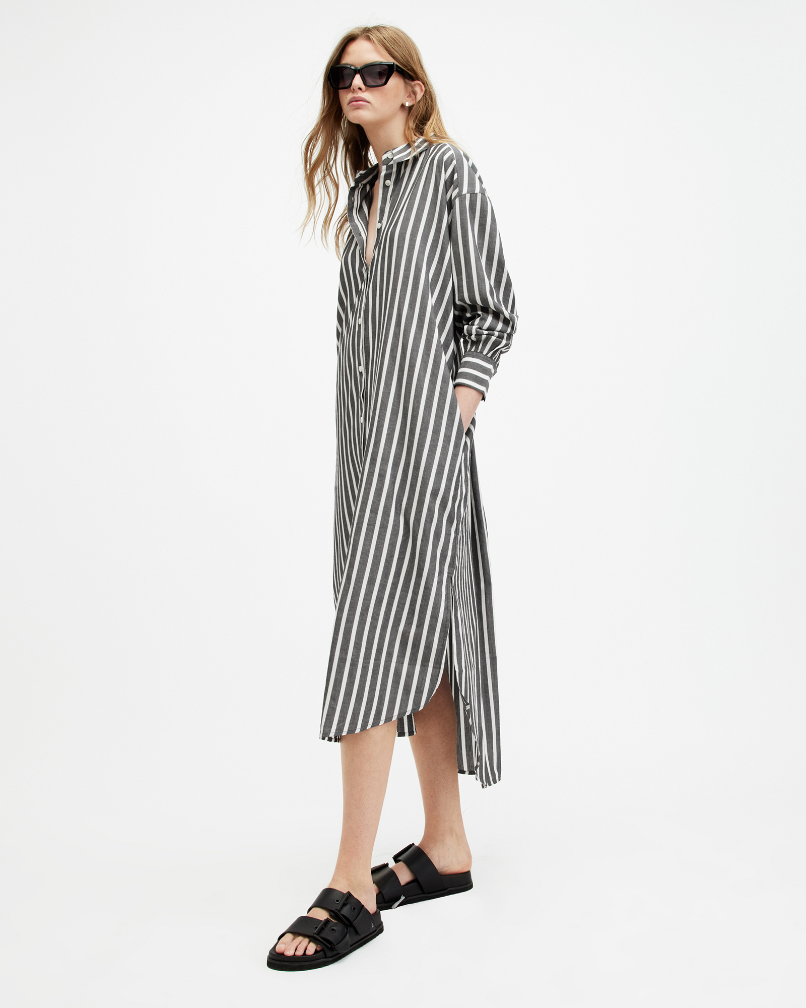 AllSaints Ani Striped Maxi Shirt Dress,, Black/Chalk