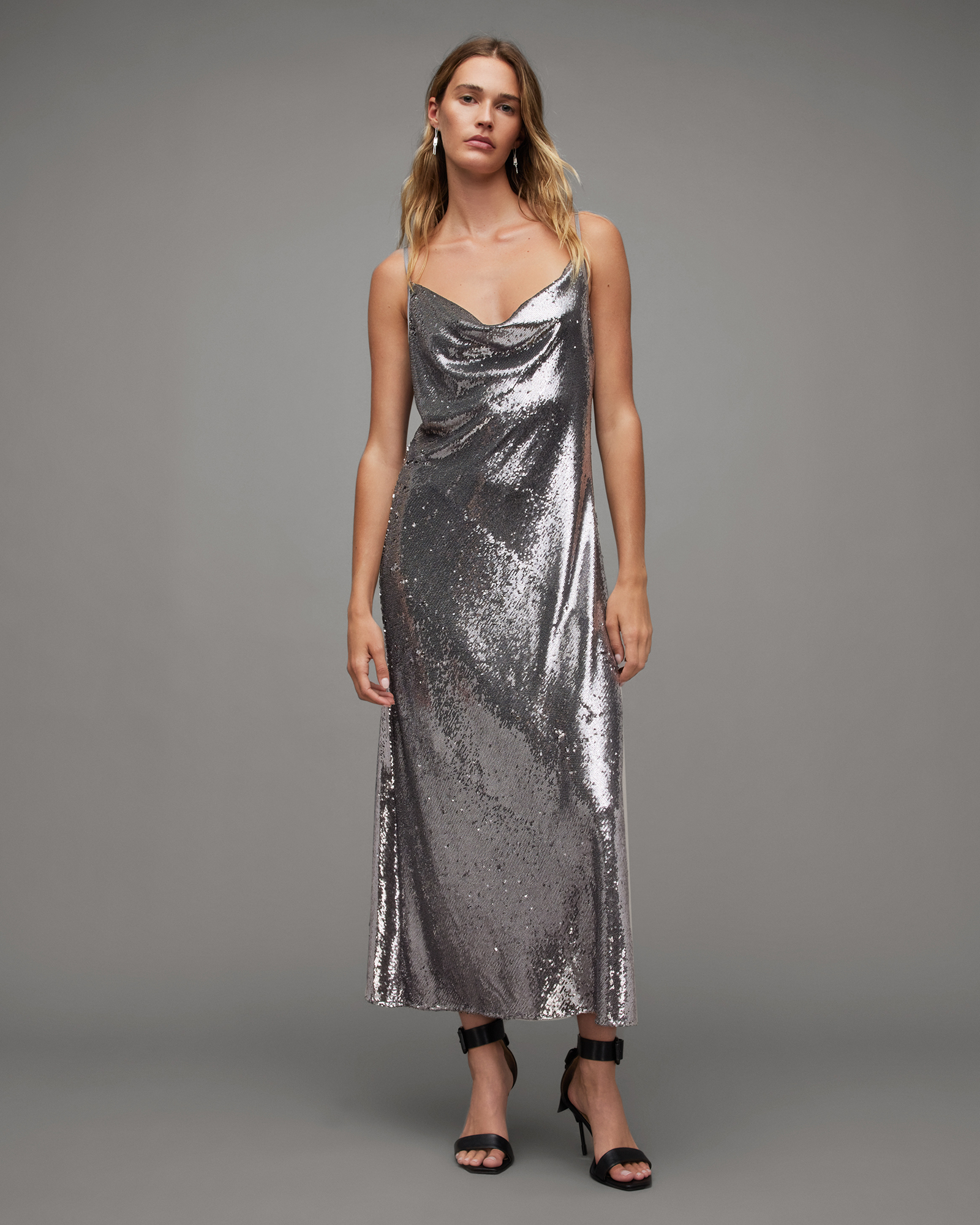 AllSaints Hadley Cowl Neck Sequin Midi Slip Dress