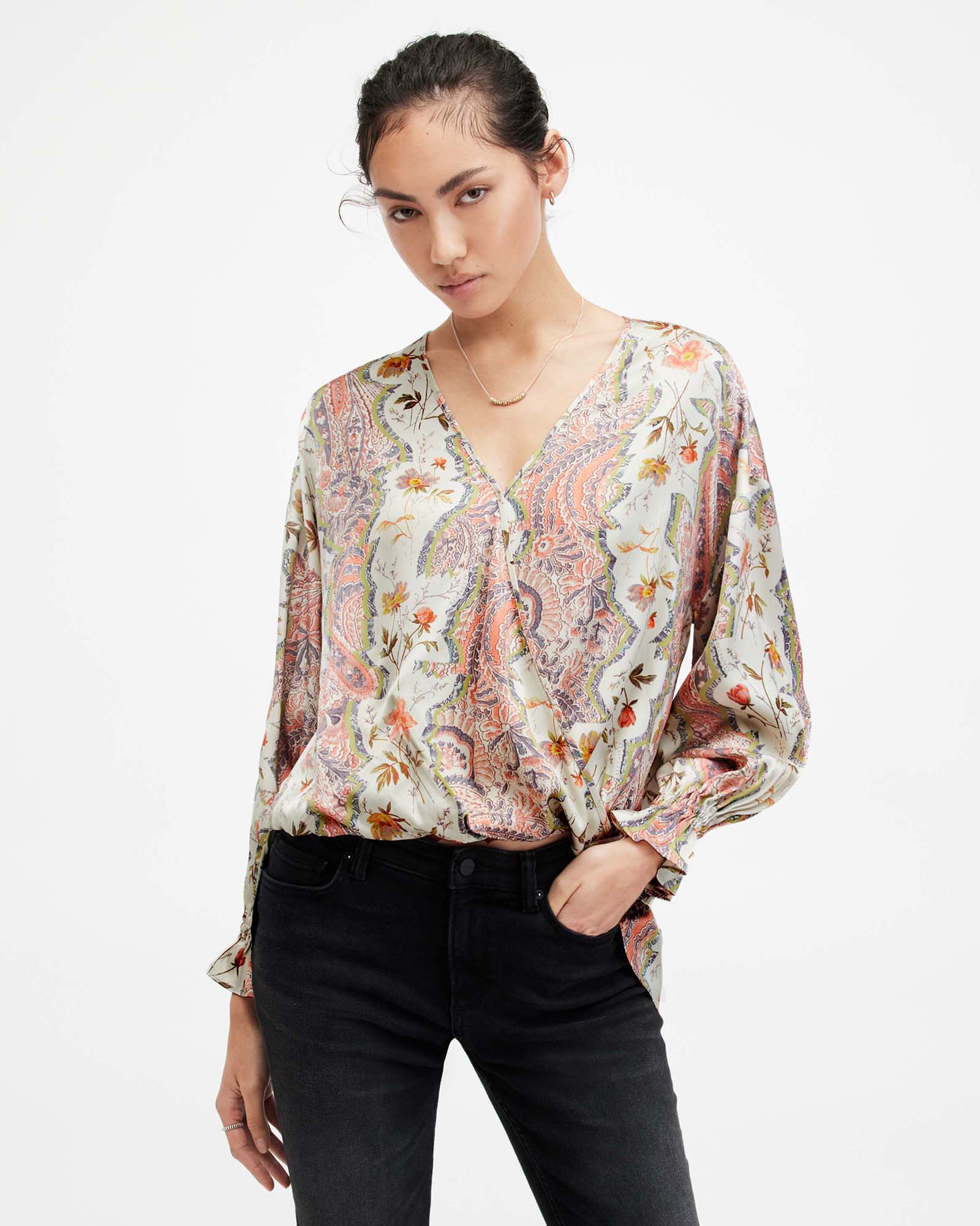 Allsaints Penny Wrap Over Paisley Print Shirt In Spring Green