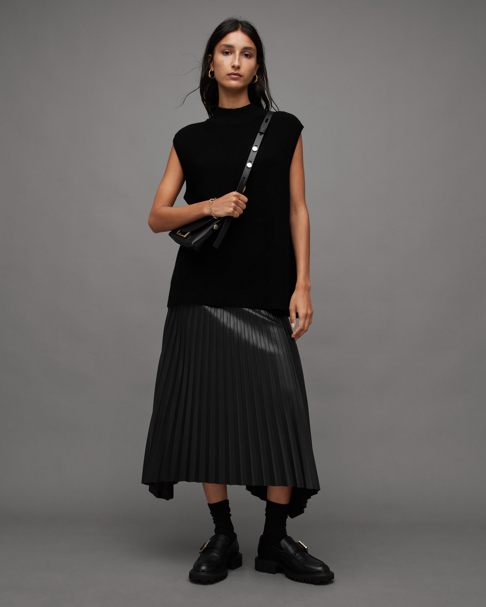 Sylvy Pleated Faux Leather Midi Skirt Black | ALLSAINTS