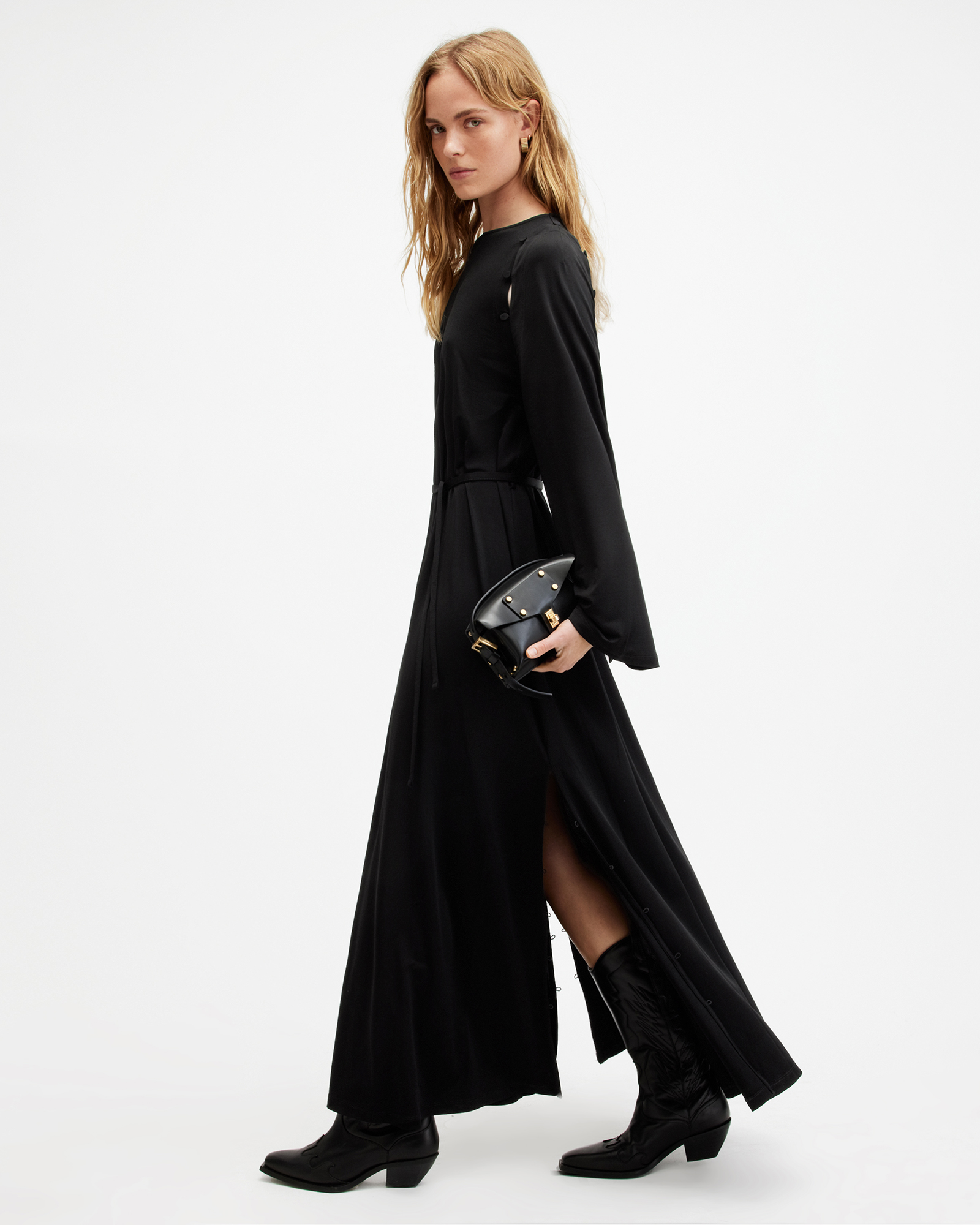 AllSaints Susannah Removable Sleeve Maxi Dress,, Black, Size: UK