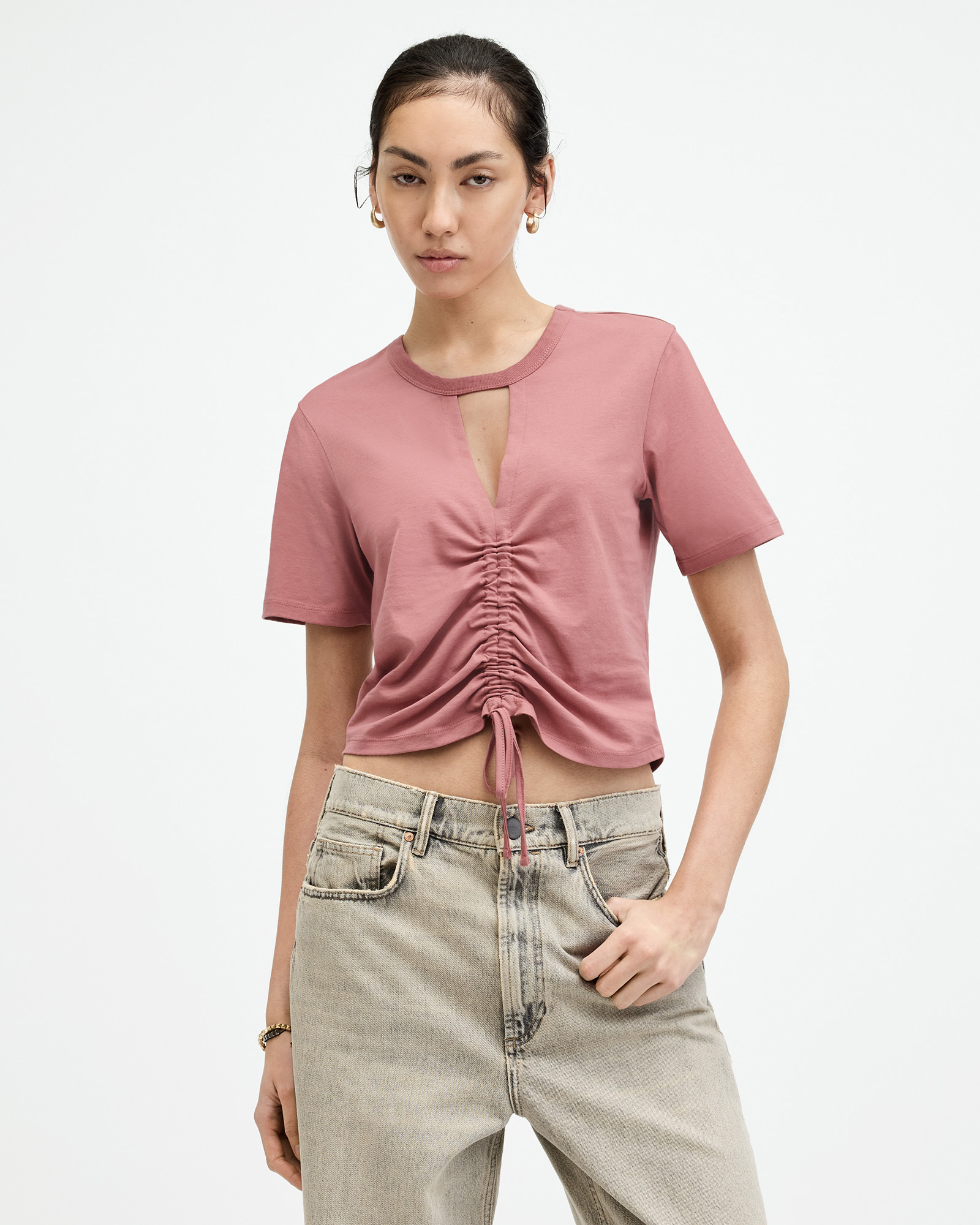 AllSaints Gigi Drawcord Centre Cropped T-Shirt,, ASH ROSE PINK