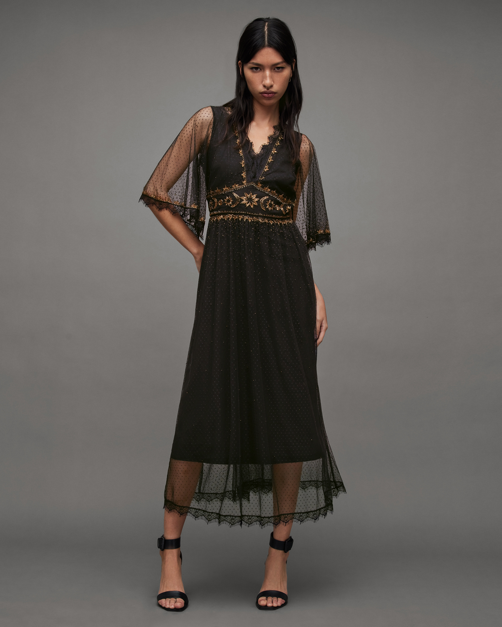 AllSaints Chaya Sheer Embellished Maxi Dress