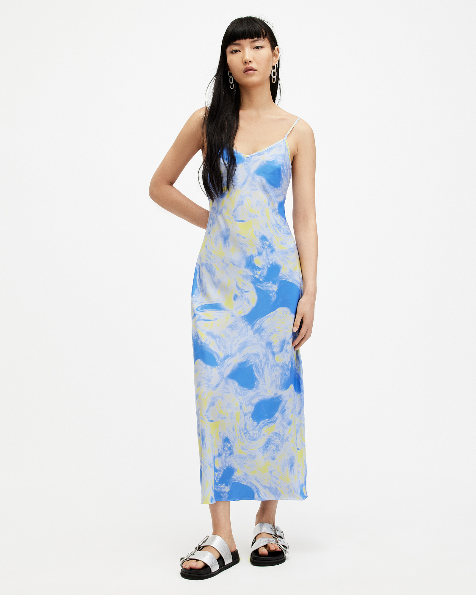 AllSaints Bryony Spiral Print Midi Slip Dress,, VIOLET BLUE
