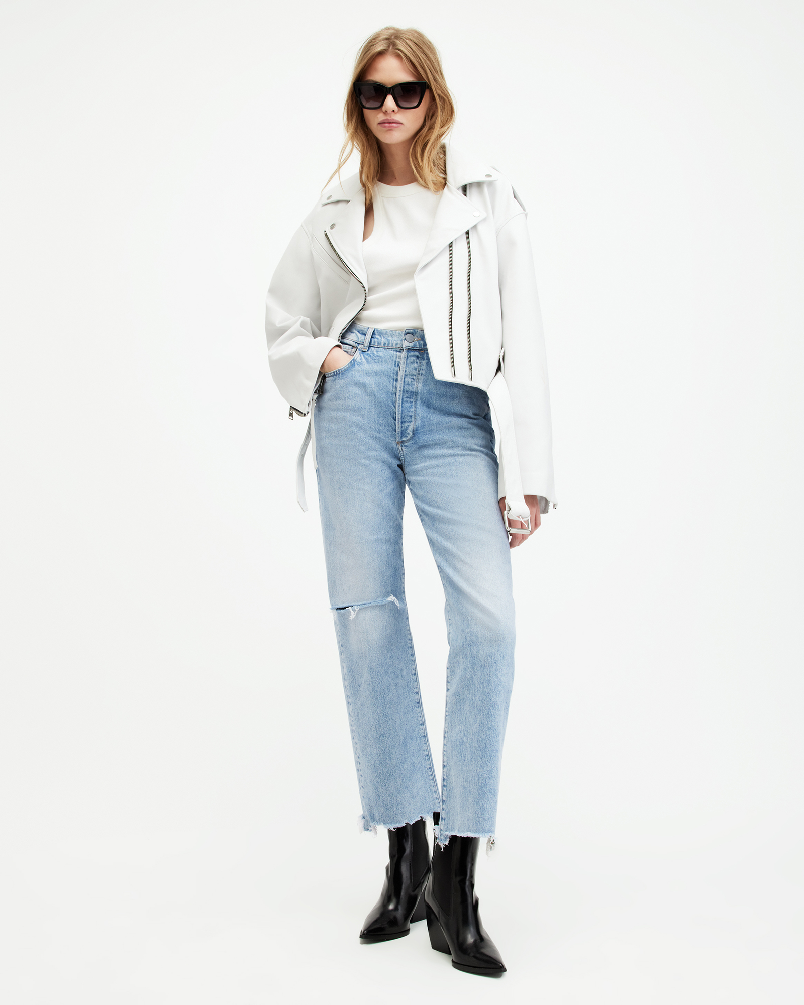 AllSaints Edie High Rise Straight Denim Jeans,, Light Indigo