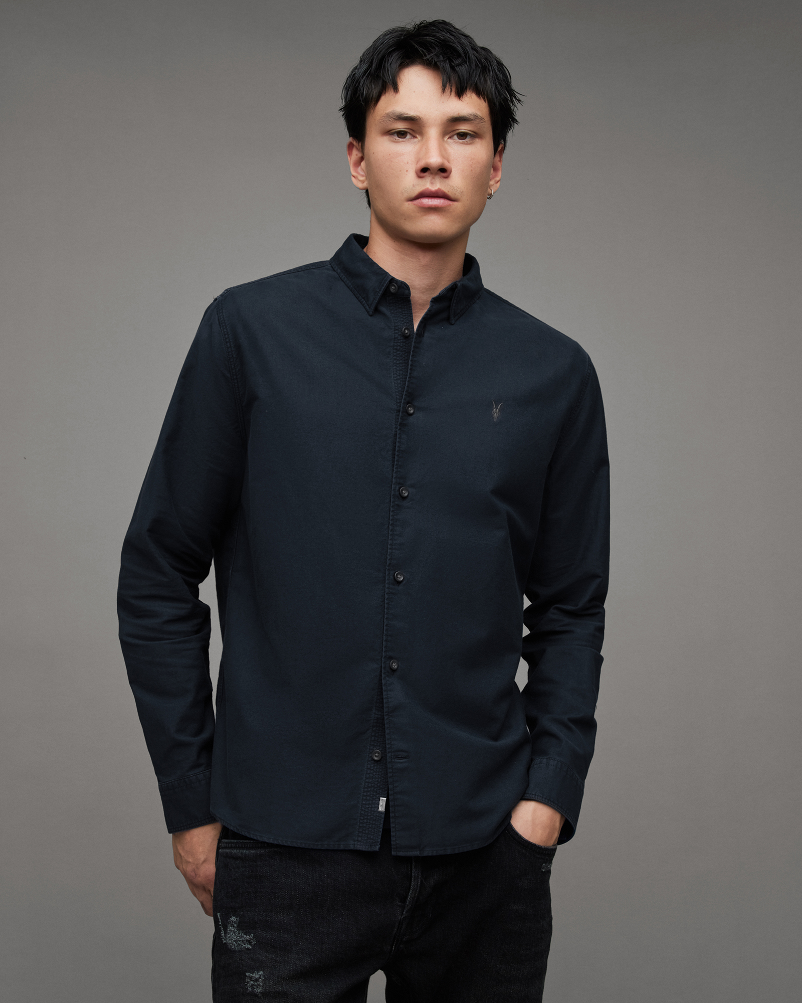 Allsaints Hermosa Ramskull Relaxed Fit Shirt In Ink Navy