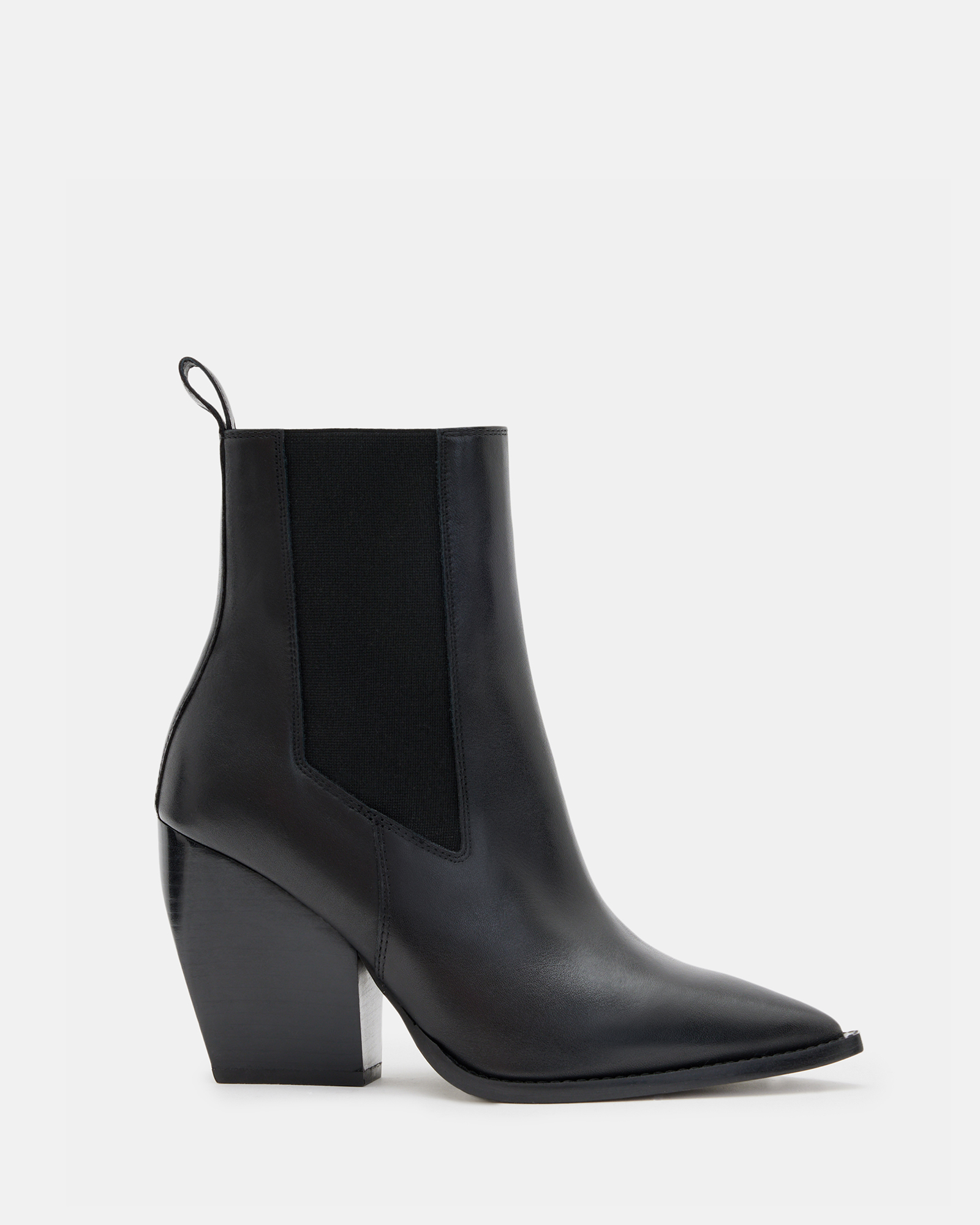Ria Pointed Stack Heeled Leather Boots Black | ALLSAINTS
