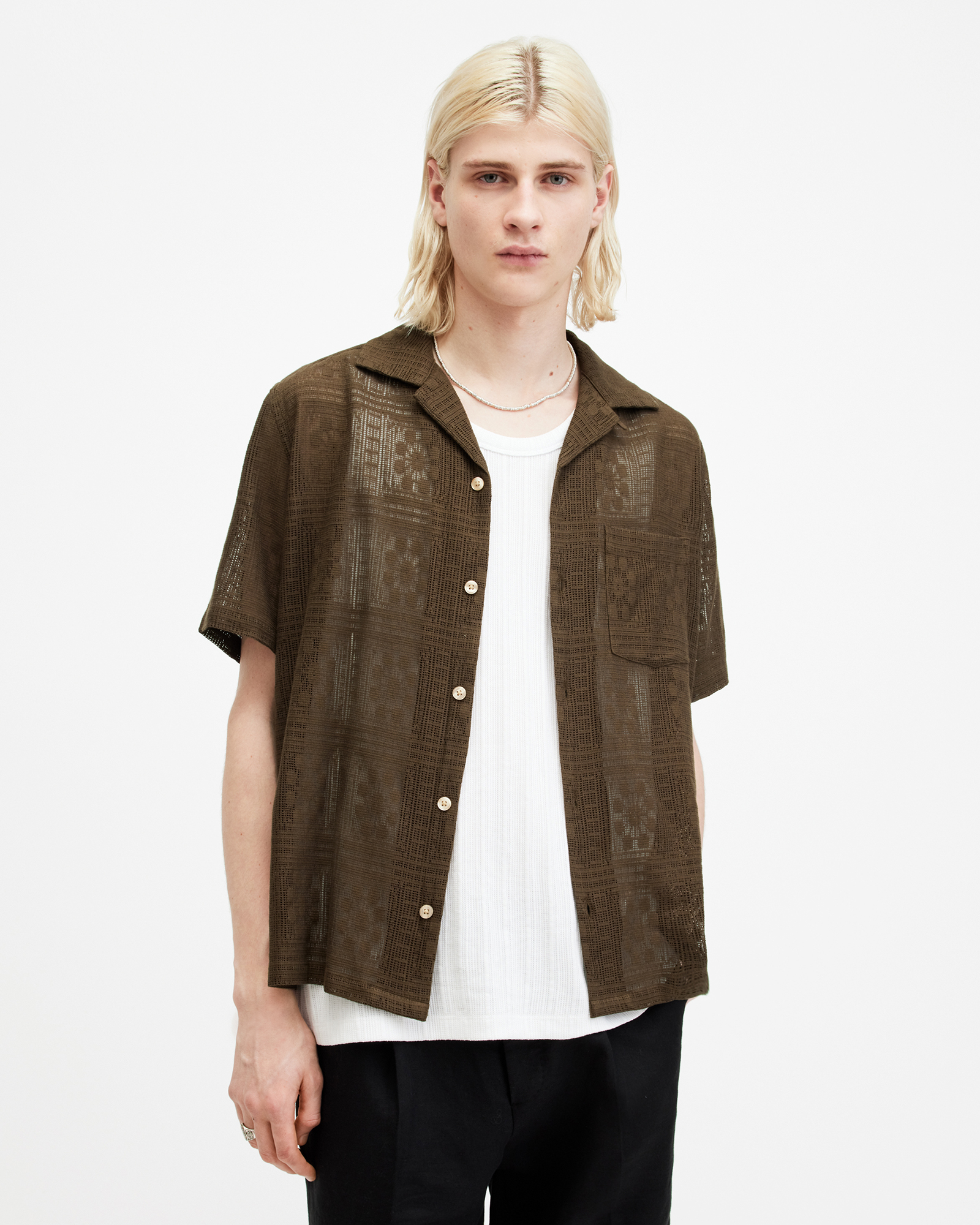 AllSaints Caleta Lace Relaxed Fit Shirt,, WOODLAND BROWN