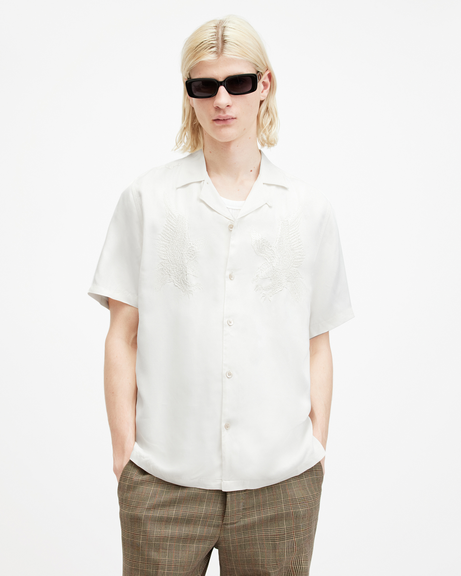 AllSaints Aquila Embroidered Relaxed Fit Shirt,, AVALON WHITE