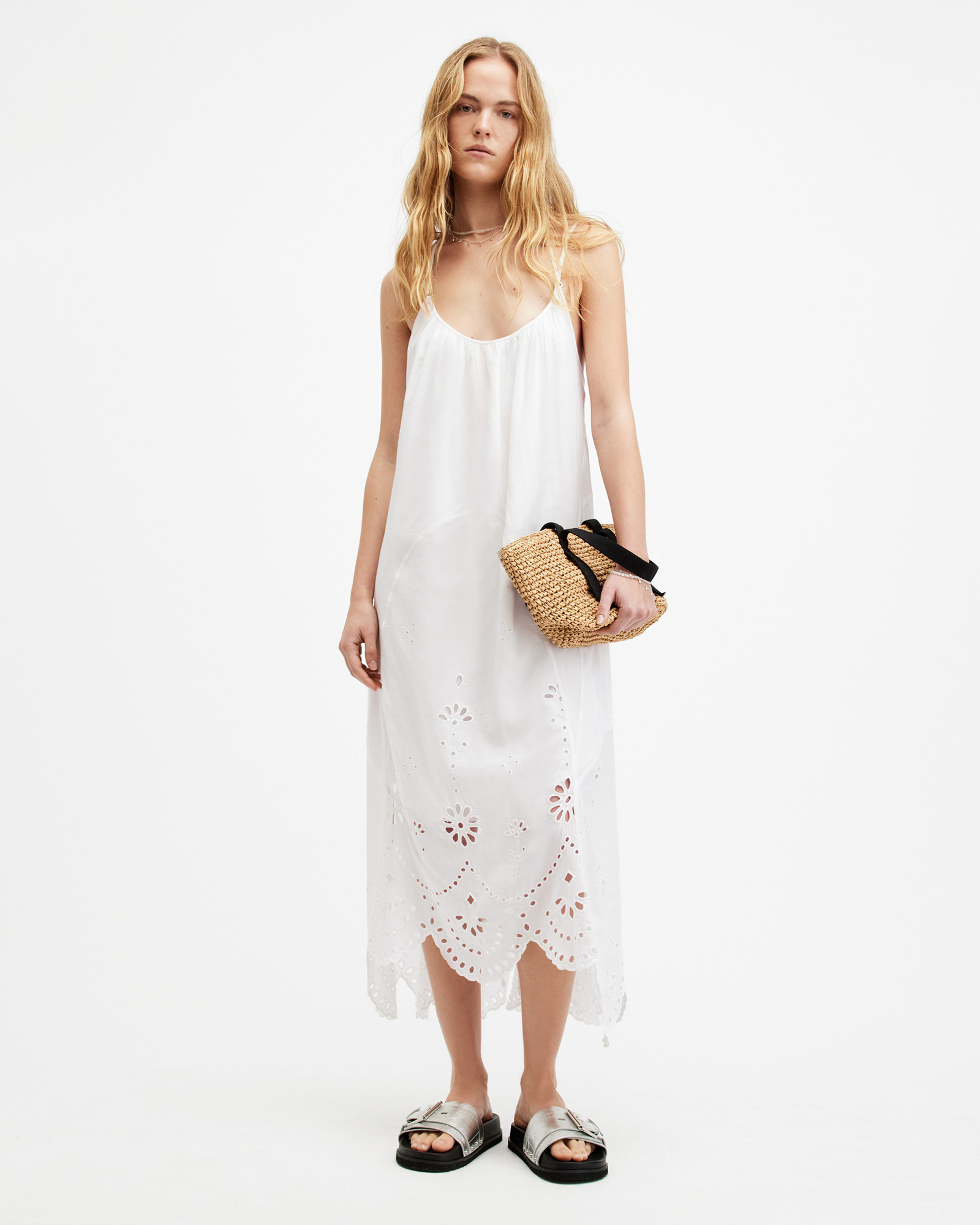 AllSaints Areena Embroidered Adjustable Maxi Dress,, Optic White