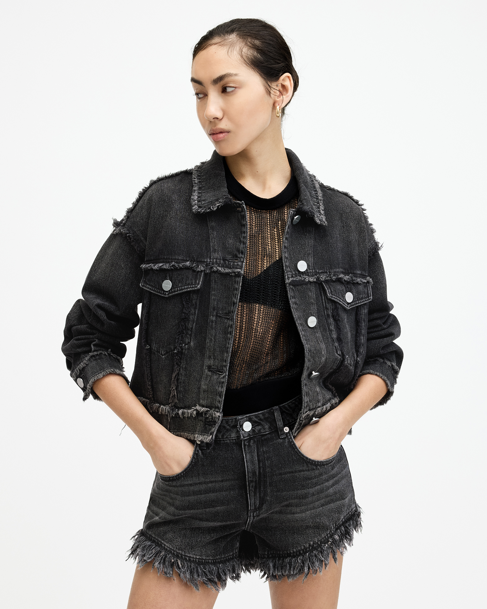 AllSaints Claude Relaxed Fit Frayed Denim Jacket,, Washed Black