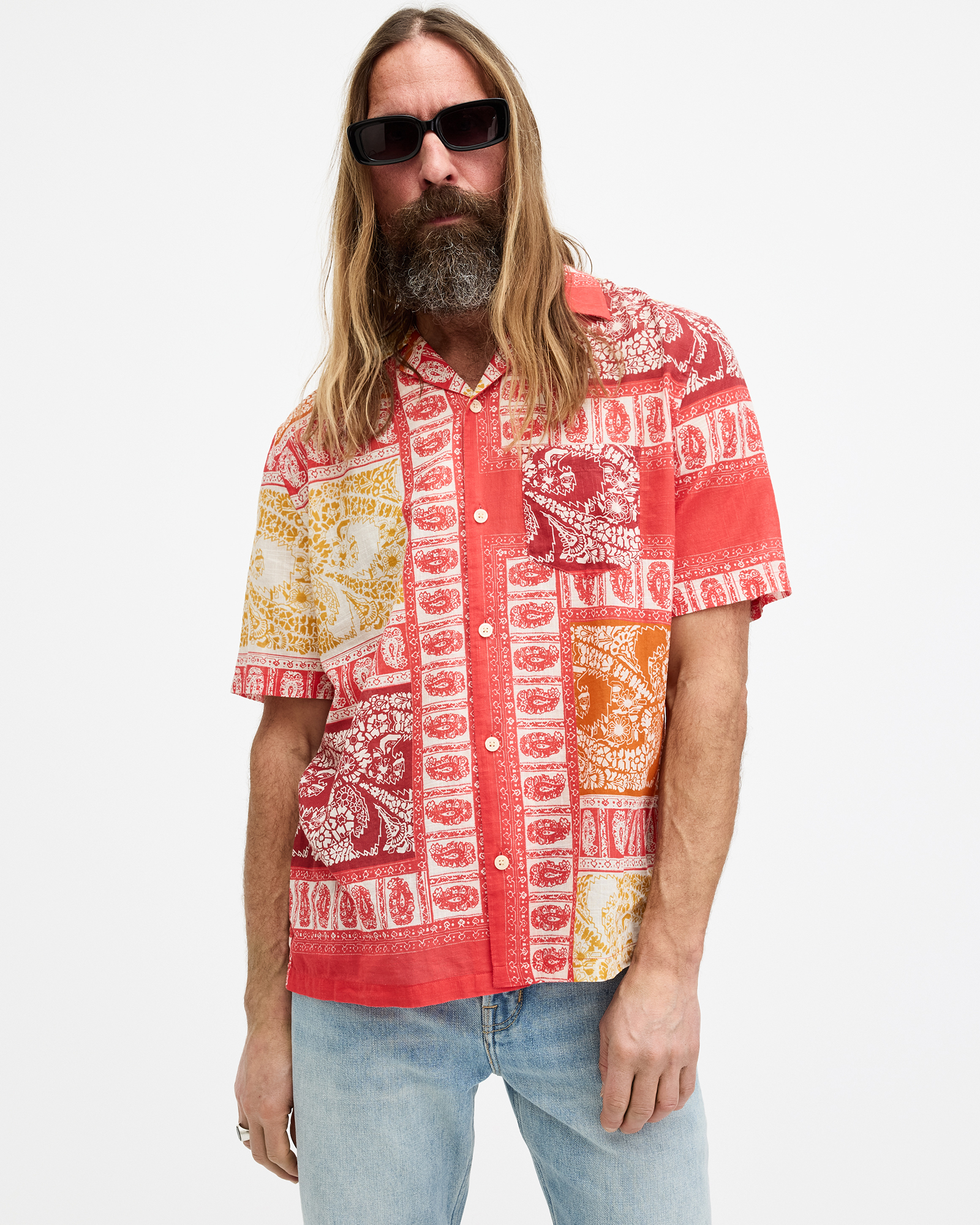 AllSaints Marquee Paisley Print Relaxed Fit Shirt,, ELECTRIC RED