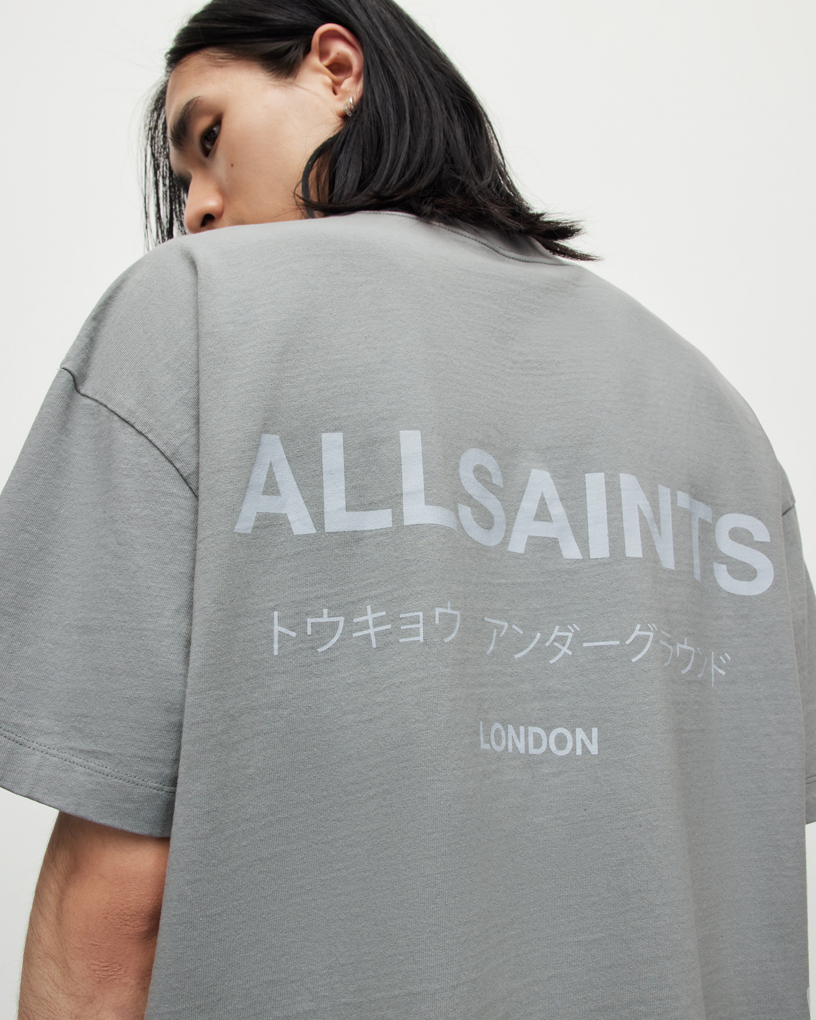 AllSaints Underground Oversized Crew T-Shirt,, Metallic Grey