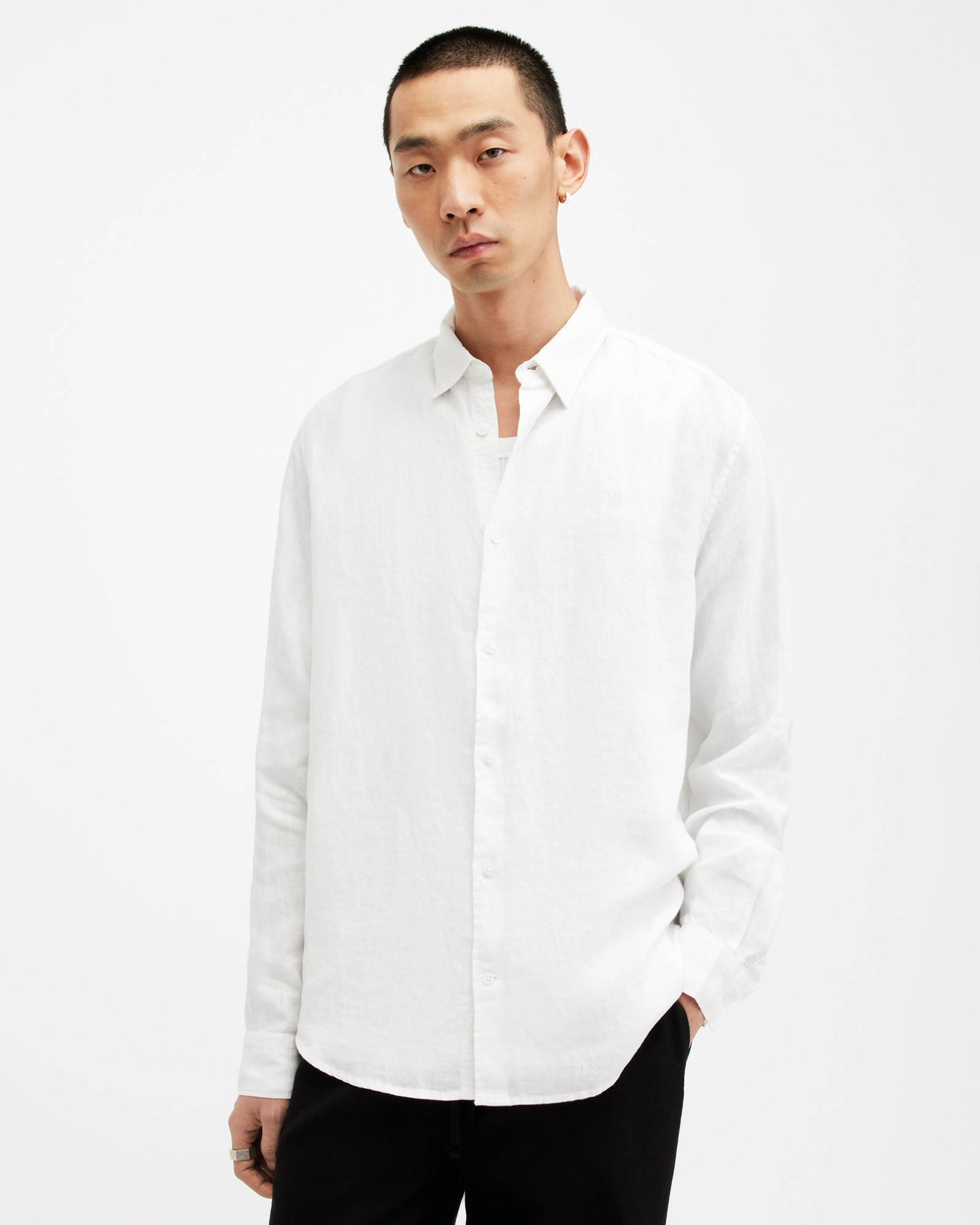 AllSaints Cypress Long Sleeve Linen Relaxed Shirt,, Optic White