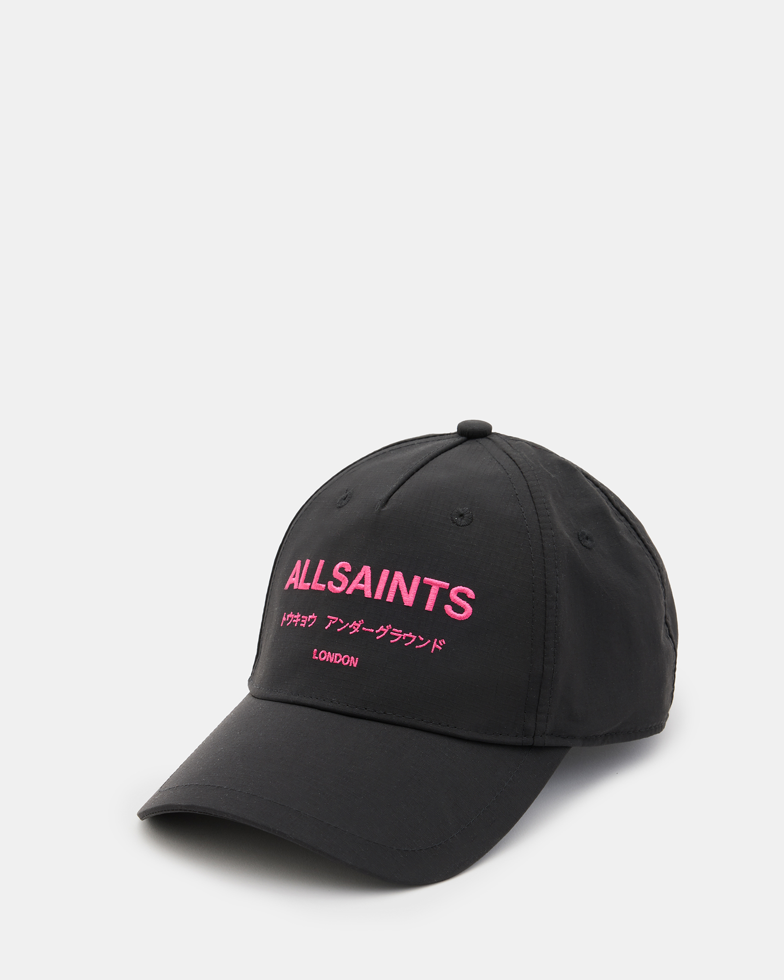 Allsaints Underground Nylon Logo Baseball Cap In Black/hot Pink