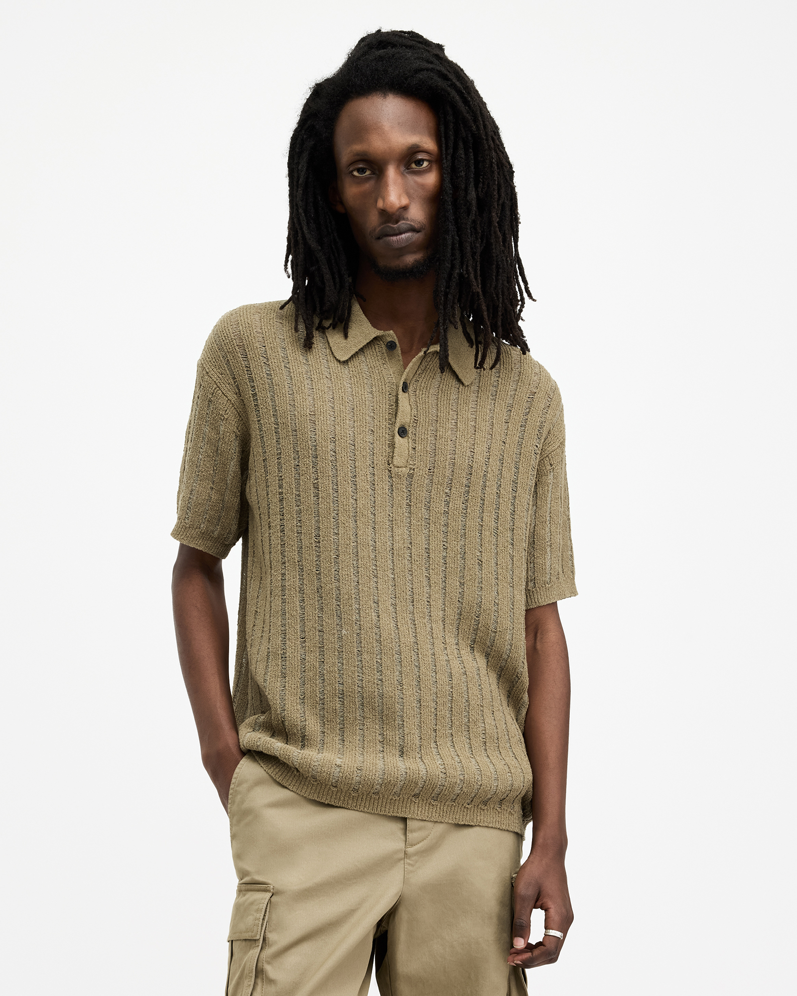 AllSaints Miller Open Stitch Relaxed Fit Polo Shirt,, HERB GREEN