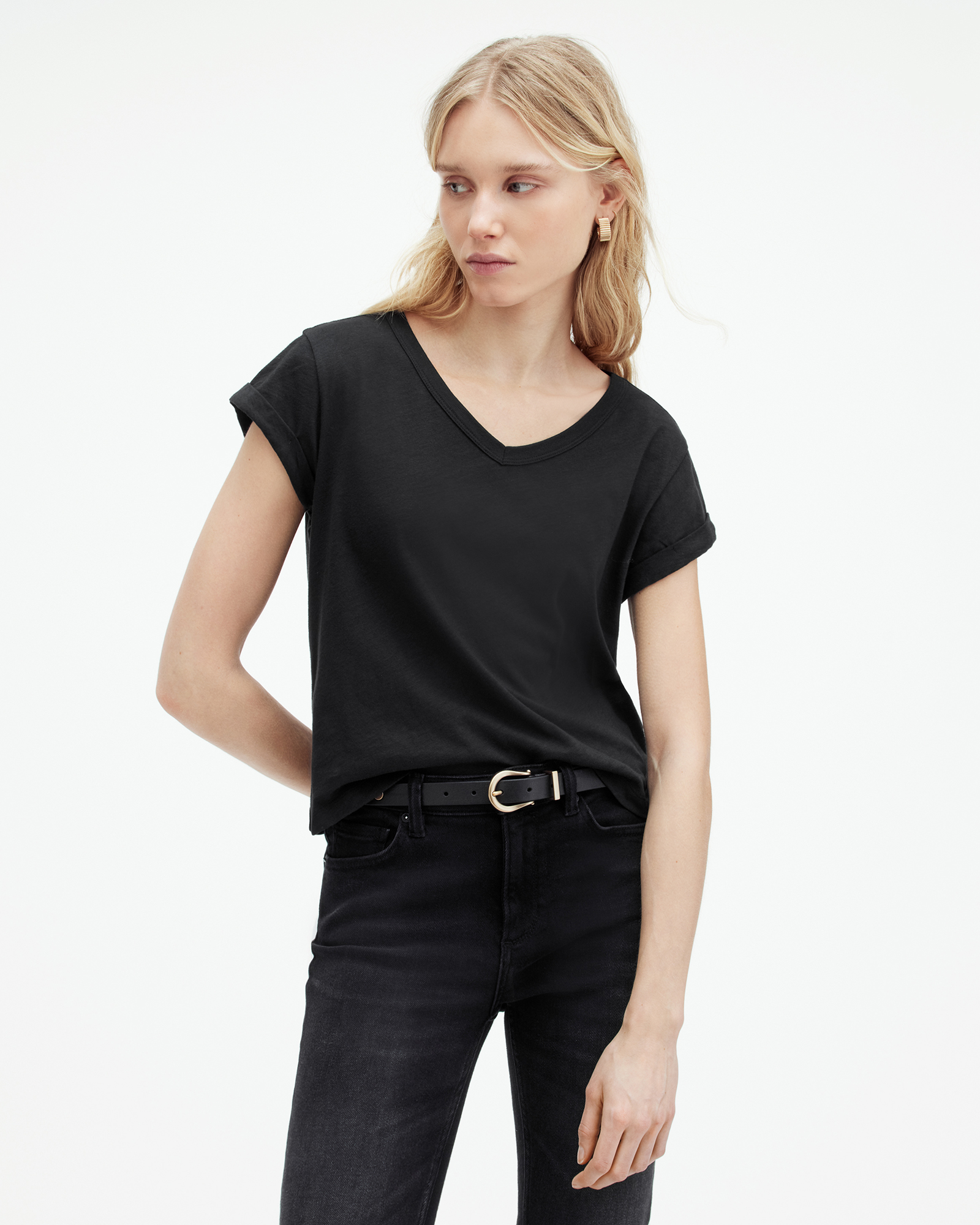 AllSaints Anna V-Neck Short Sleeve T-Shirt,, Black
