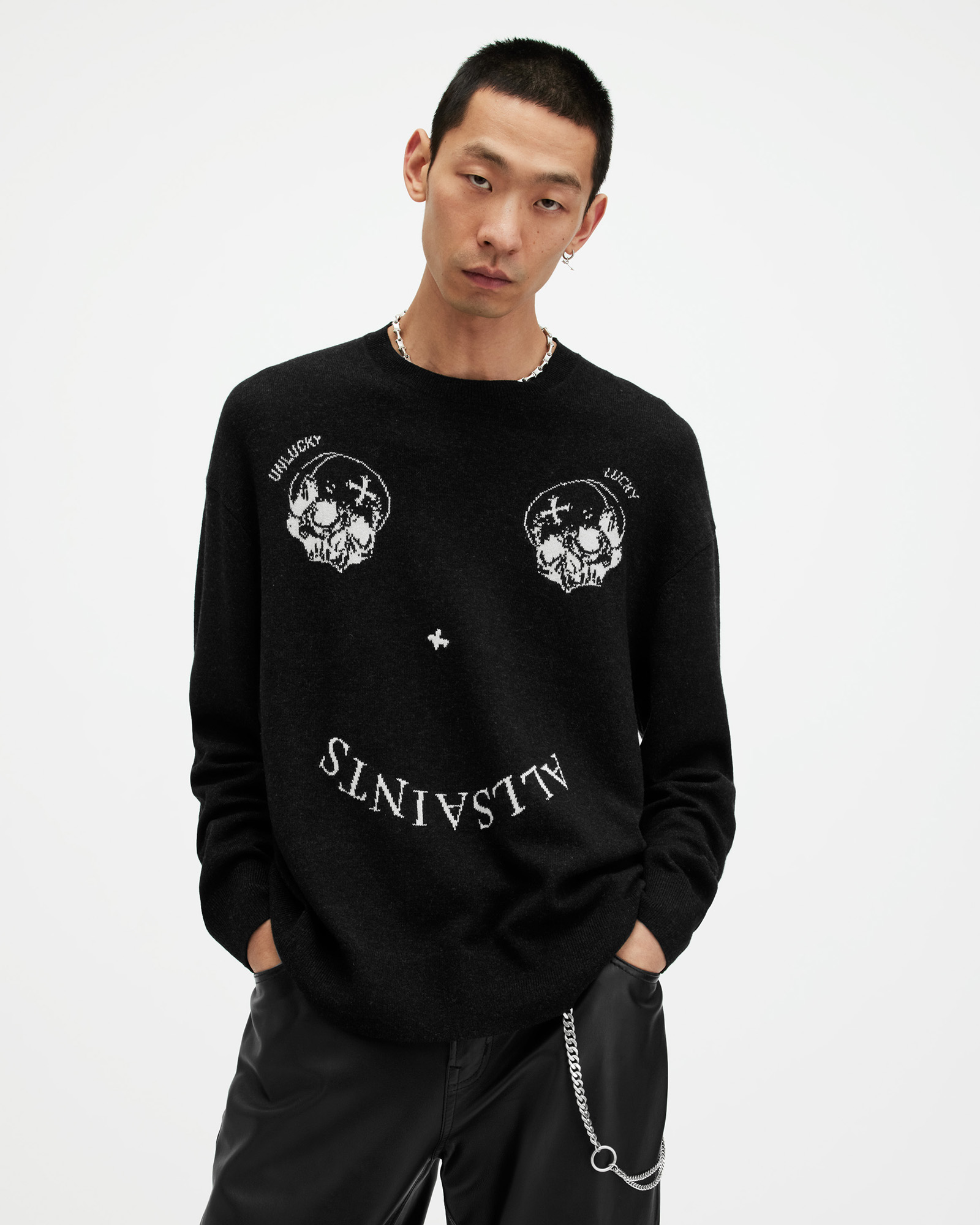 Shop Allsaints Smile Saints Oversized Crew Sweater In Cinder Black/ecru
