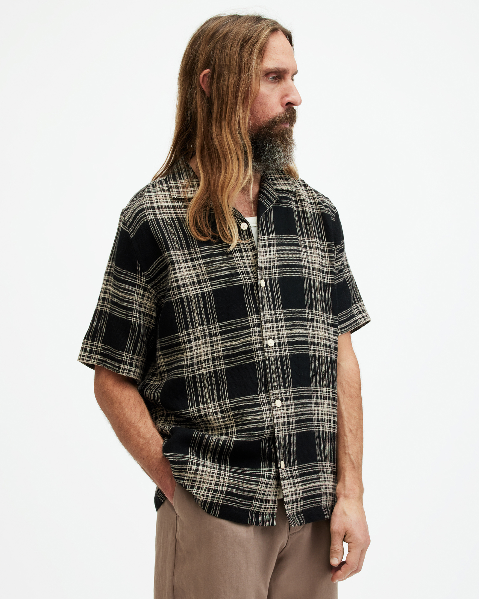 AllSaints Padres Checked Relaxed Fit Shirt,, Jet Black