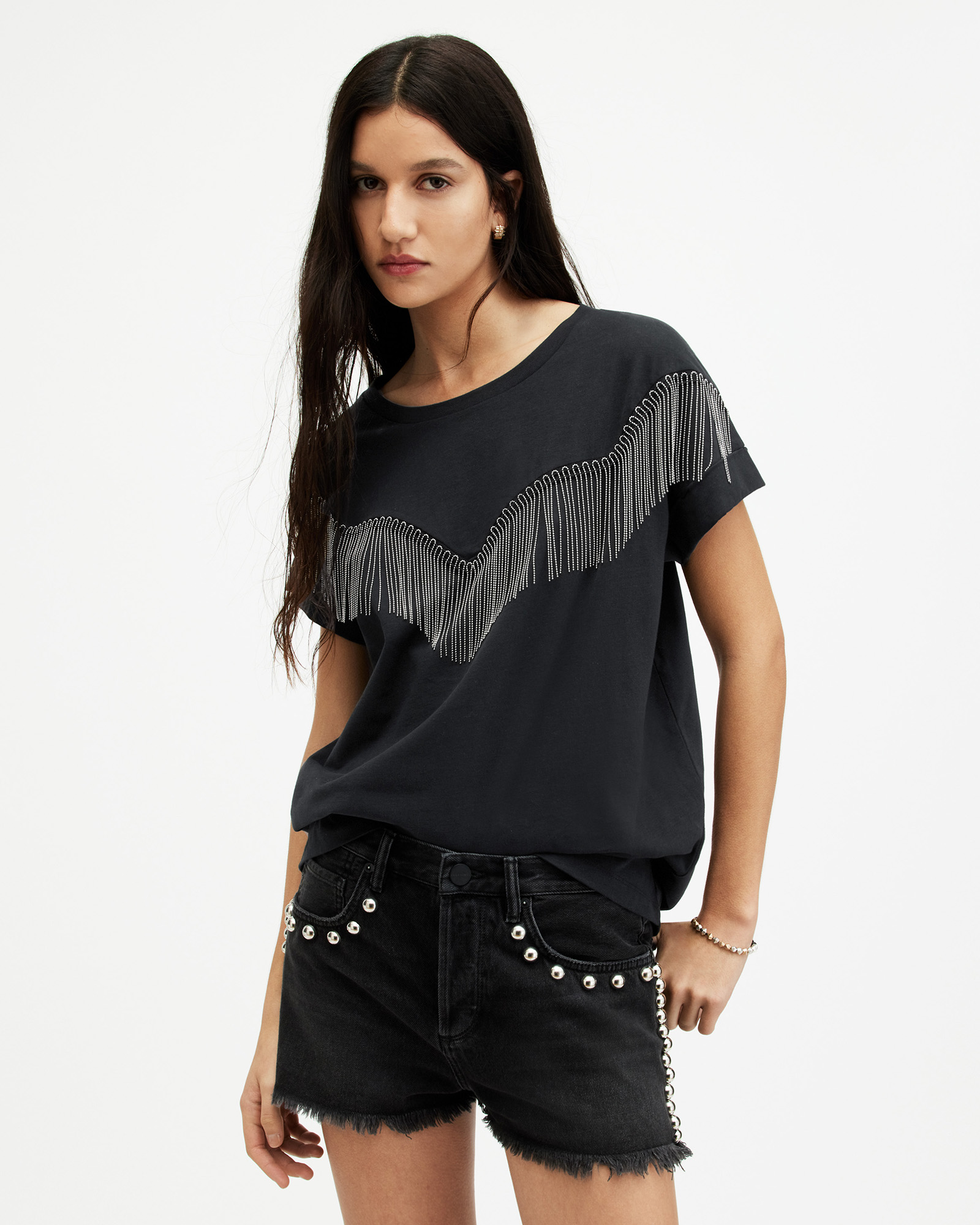 AllSaints Imogen Boy Tassel Front T-Shirt,, Black