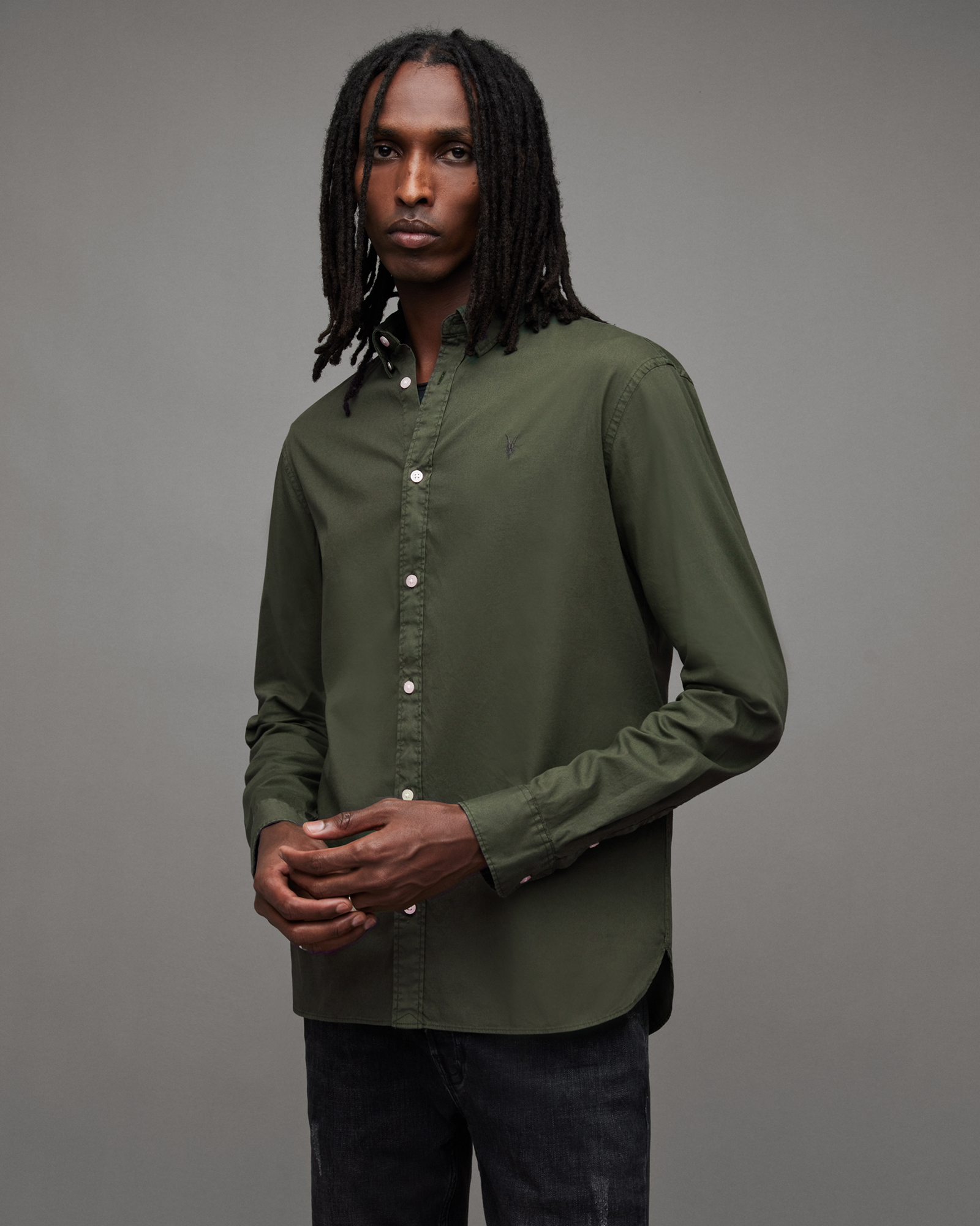 Allsaints Hawthorne Ramskull Stretch Fit Shirt In Dark Ivy Green