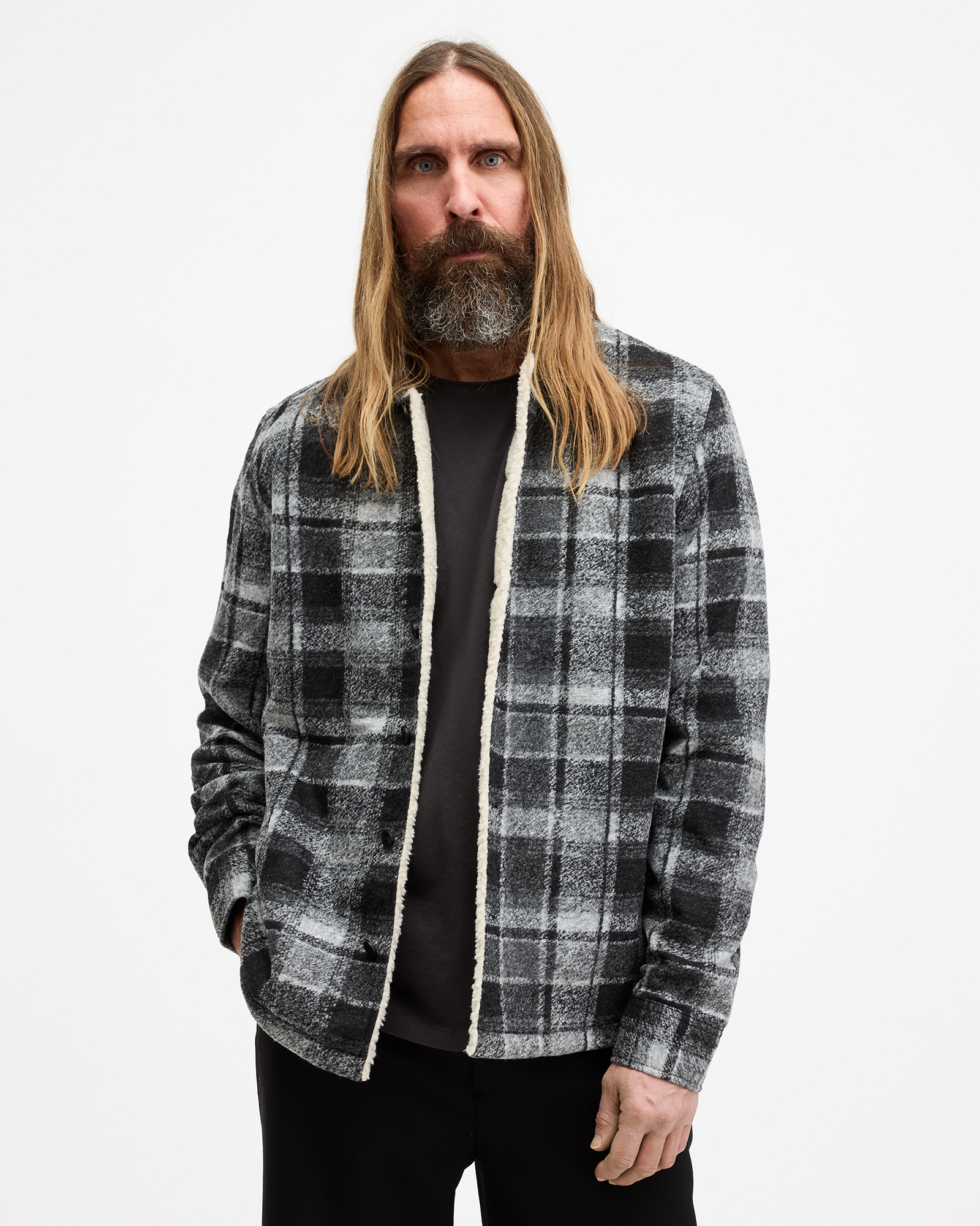 AllSaints Altamount Checked Relaxed Fit Jacket,, COOL GREY/JET BLK