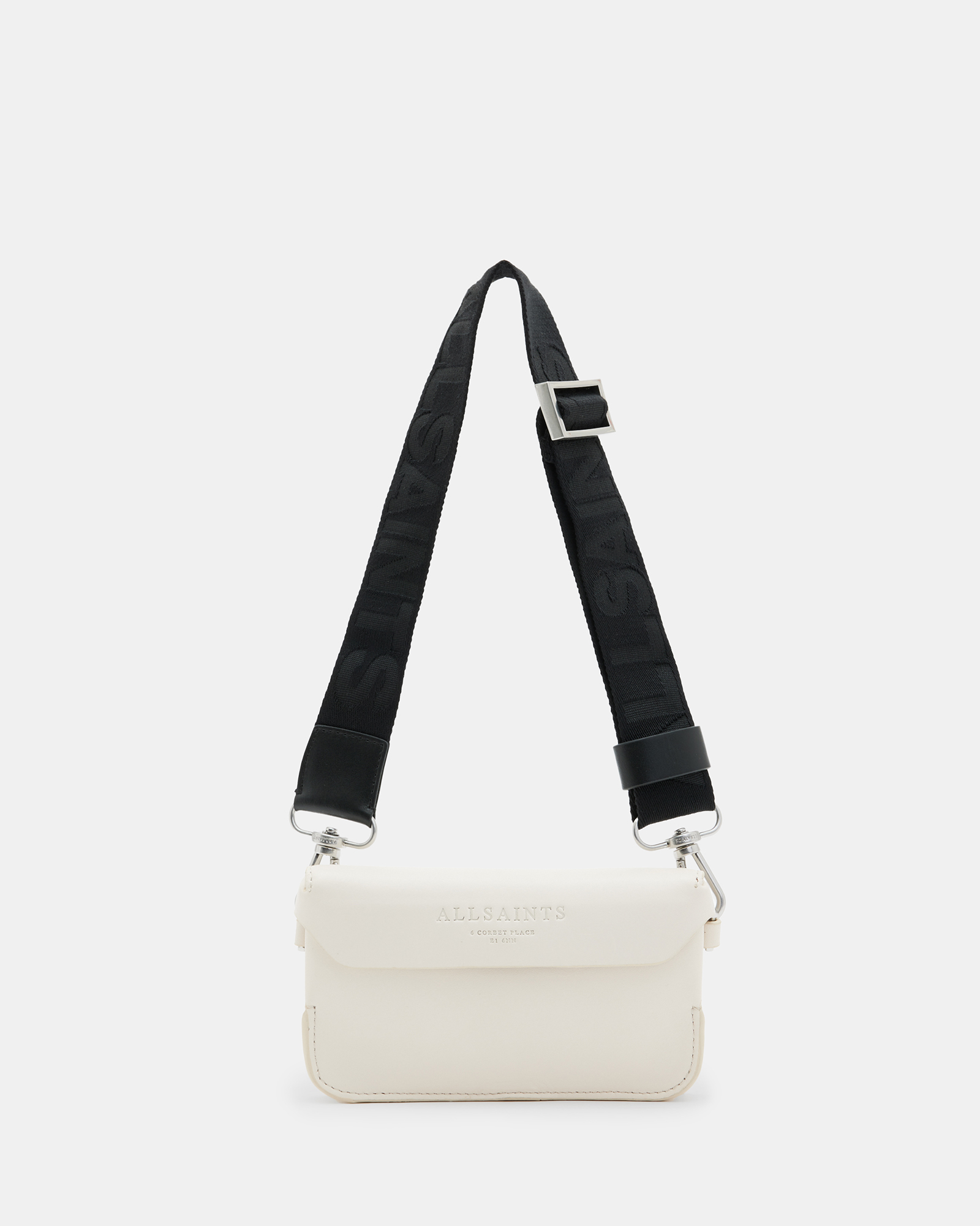 Allsaints Zoe Adjustable Leather Crossbody Bag In Desert White